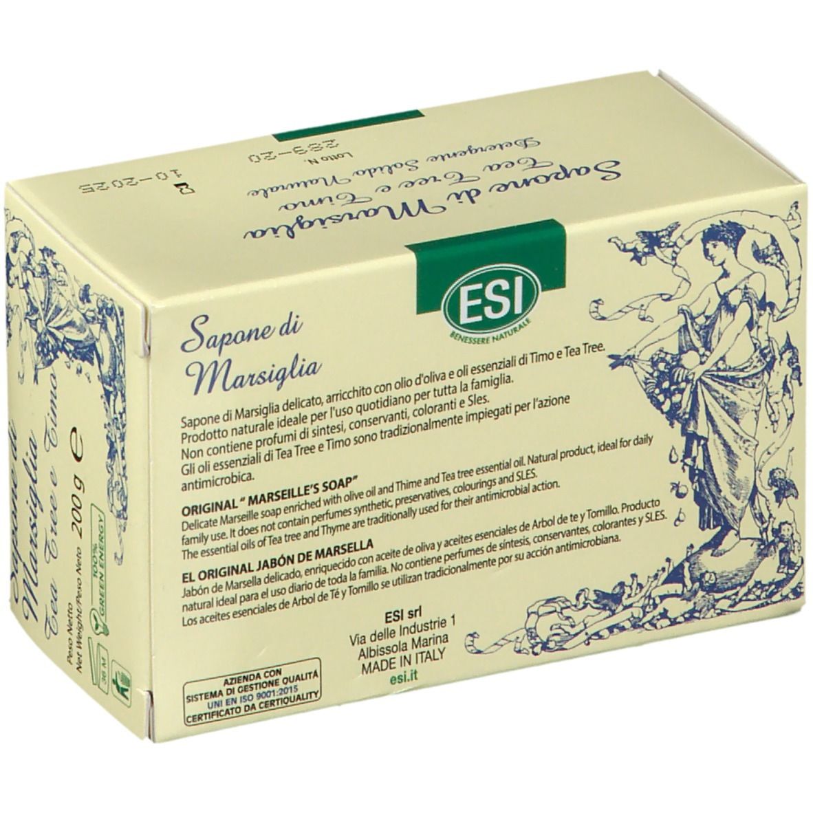 Karton mit Seife. Aufschrift: Sapone di Marsiglia Tea Tree e Timo. Marke ESI. 200 g.
