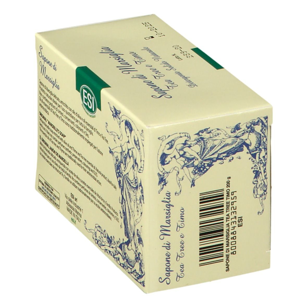 Karton mit Seife. Aufschrift: Sapone di Marsiglia Tea Tree e Timo. Marke ESI. 200 g.
