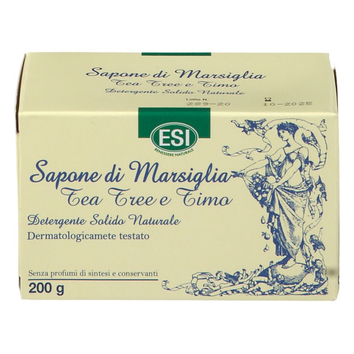 Karton mit Seife. Aufschrift: Sapone di Marsiglia Tea Tree e Timo. Marke ESI. 200 g.