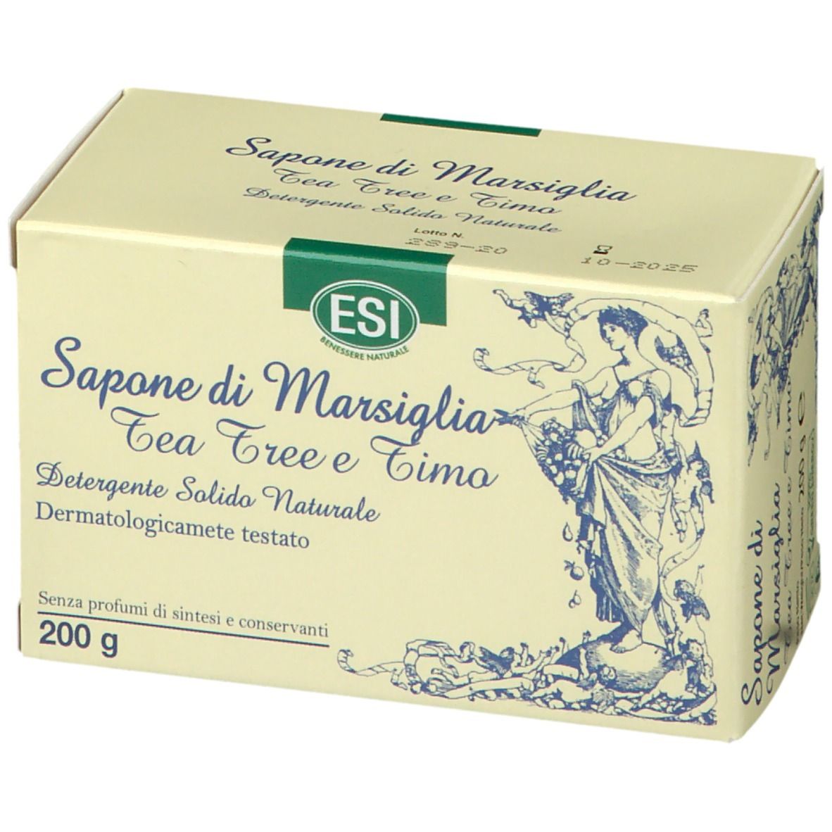 Karton mit Seife. Aufschrift: Sapone di Marsiglia Tea Tree e Timo. Marke ESI. 200 g.