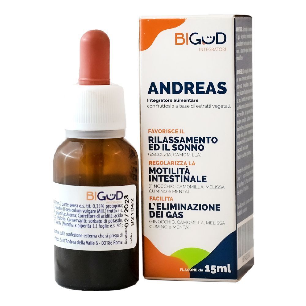 Flacone di vetro marrone con contagocce rosso e scatola. Scritto: BIGUD, Andreas, 15ml.