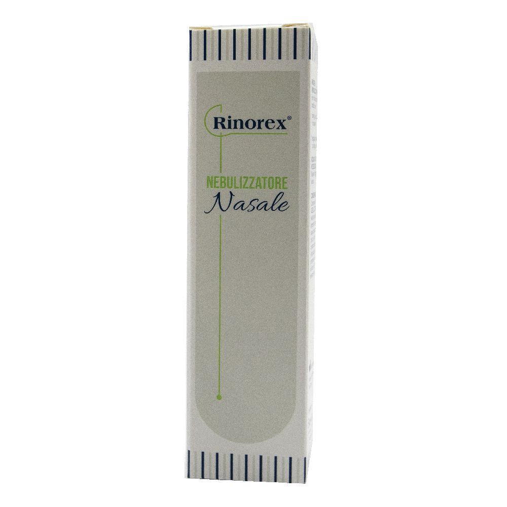 Scatola di Rinorex Nebulizzatore Nasale. Bianca con testo verde. Nome del prodotto e logo visibili.
