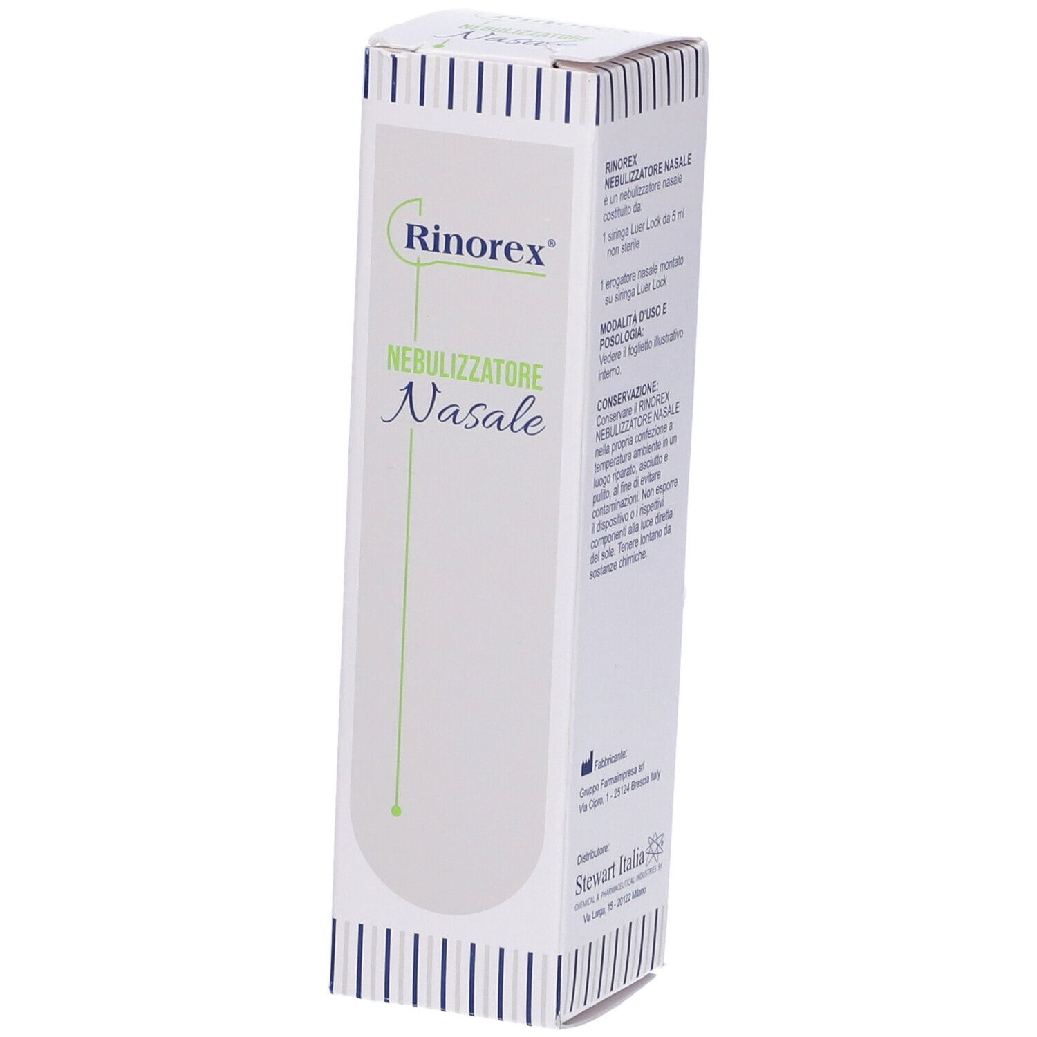 Scatola di Rinorex Nebulizzatore Nasale. Bianca con testo verde. Nome del prodotto e logo visibili.