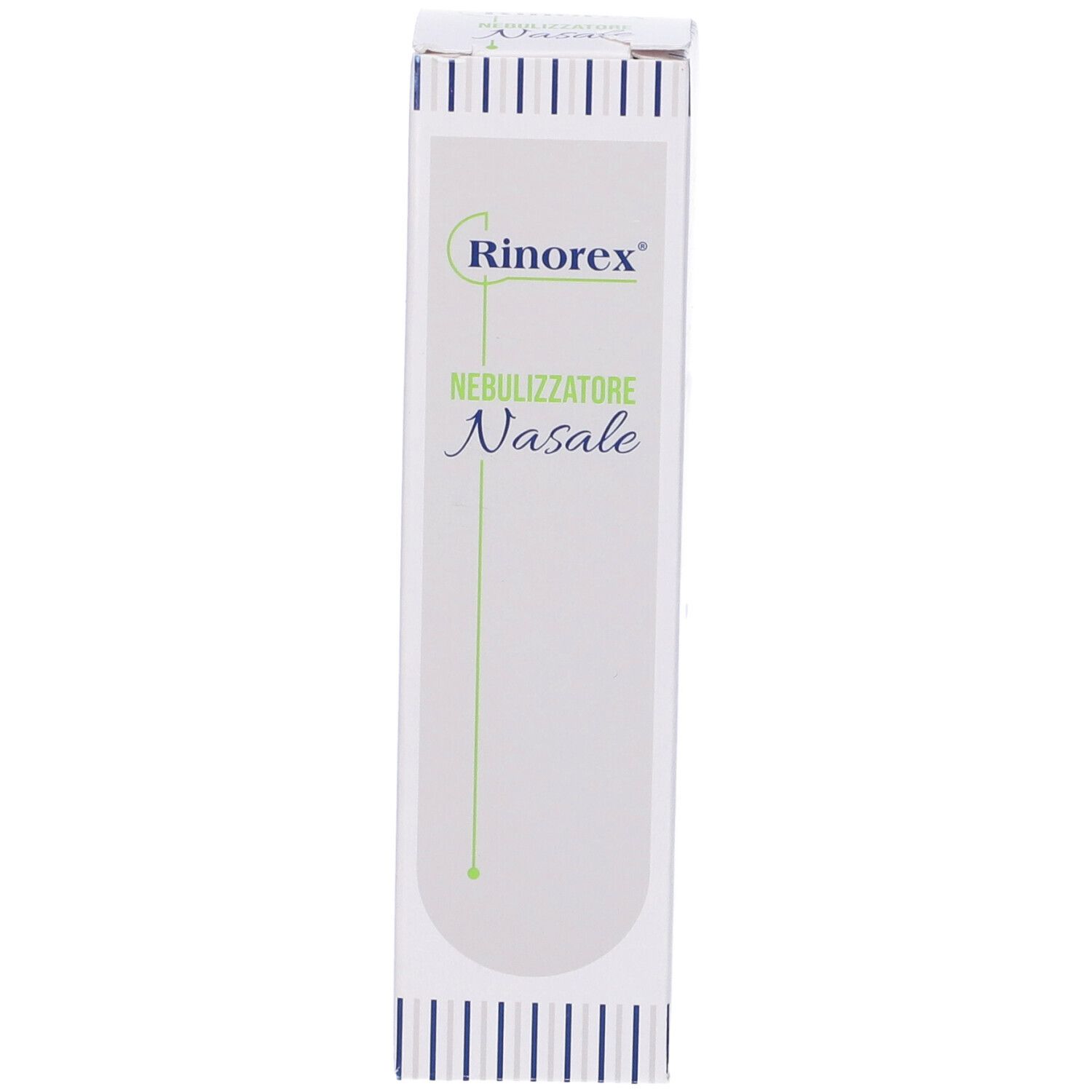 Scatola di Rinorex Nebulizzatore Nasale. Bianca con testo verde. Nome del prodotto e logo visibili.