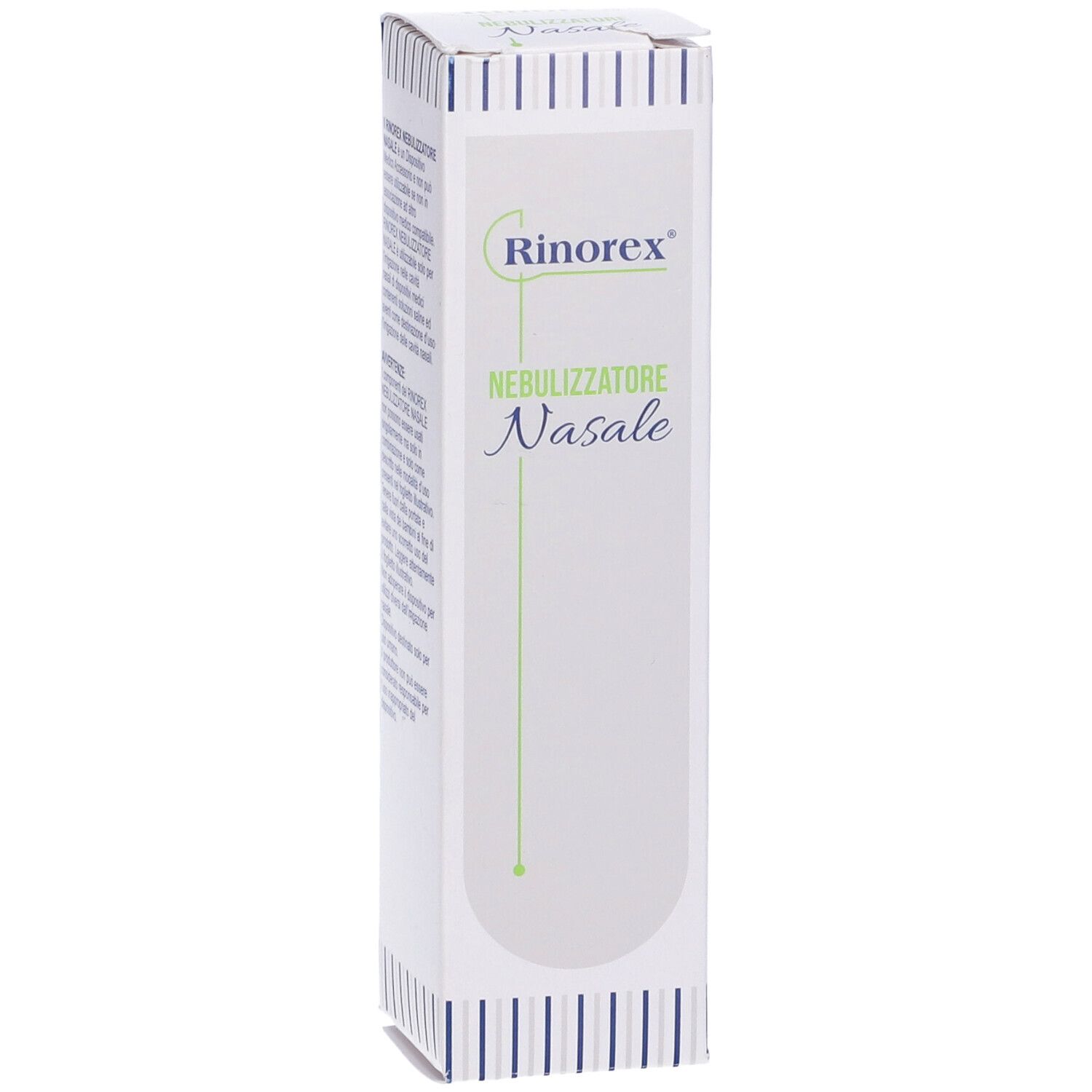 Scatola di Rinorex Nebulizzatore Nasale. Bianca con testo verde. Nome del prodotto e logo visibili.