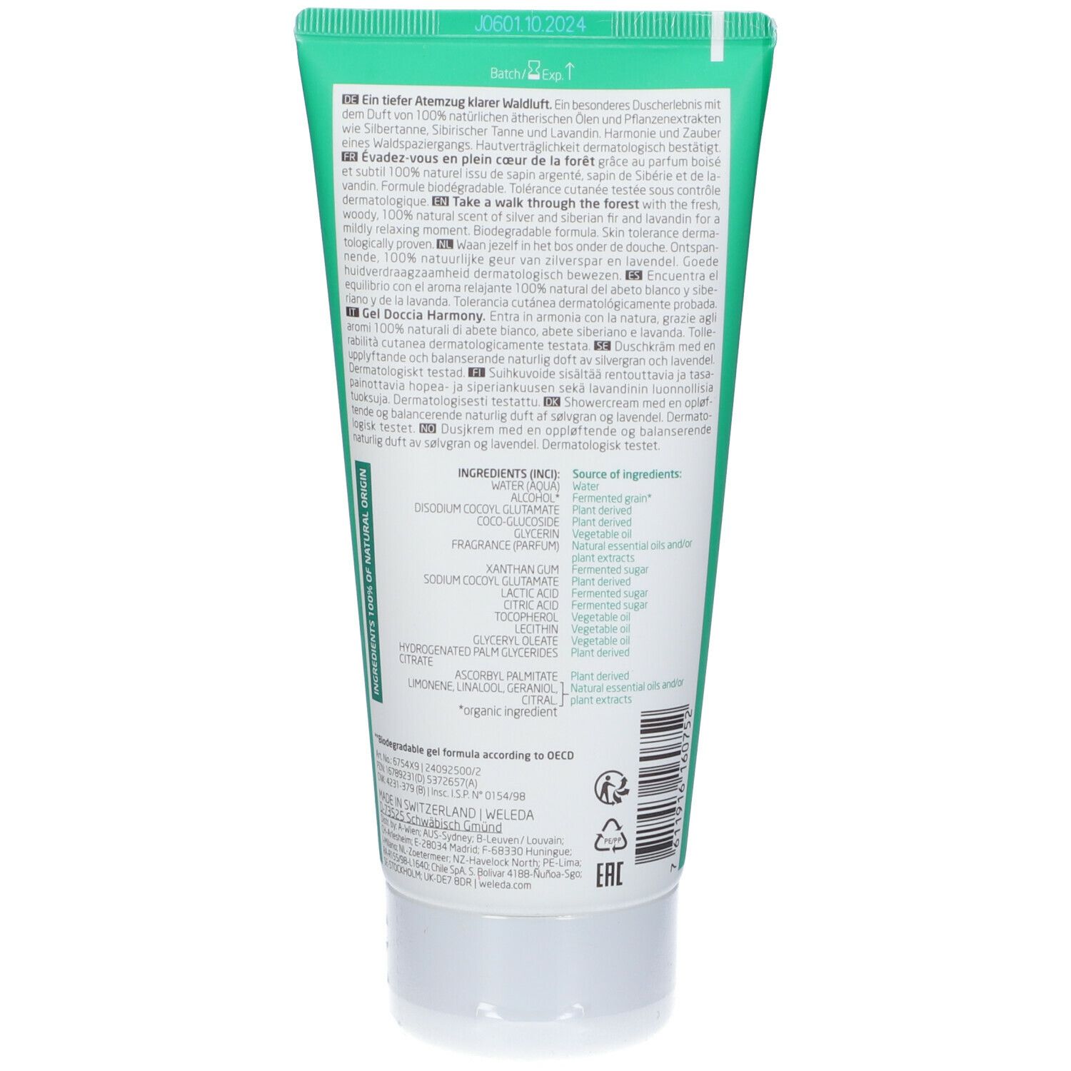 Retro di un tubo verde con tappo bianco. Testo multilingue. Ingredienti e certificazione bio.