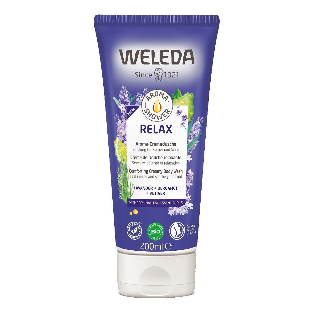 Weleda Aroma Shower Relax. Tubo lilla con nome del prodotto e illustrazioni floreali. Contiene 200ml.