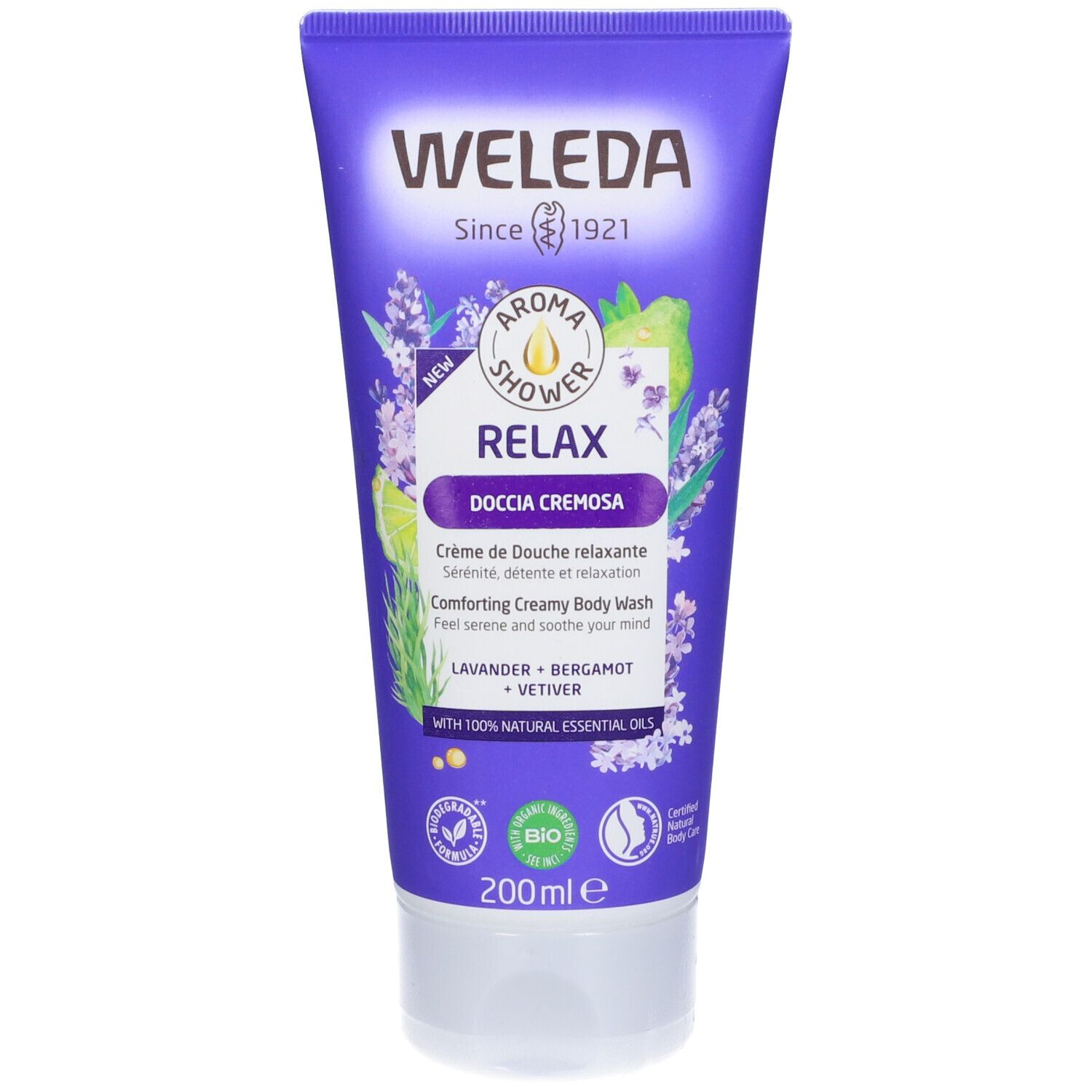 Weleda Aroma Shower Relax. Tubo lilla con nome del prodotto e illustrazioni floreali. Contiene 200ml.
