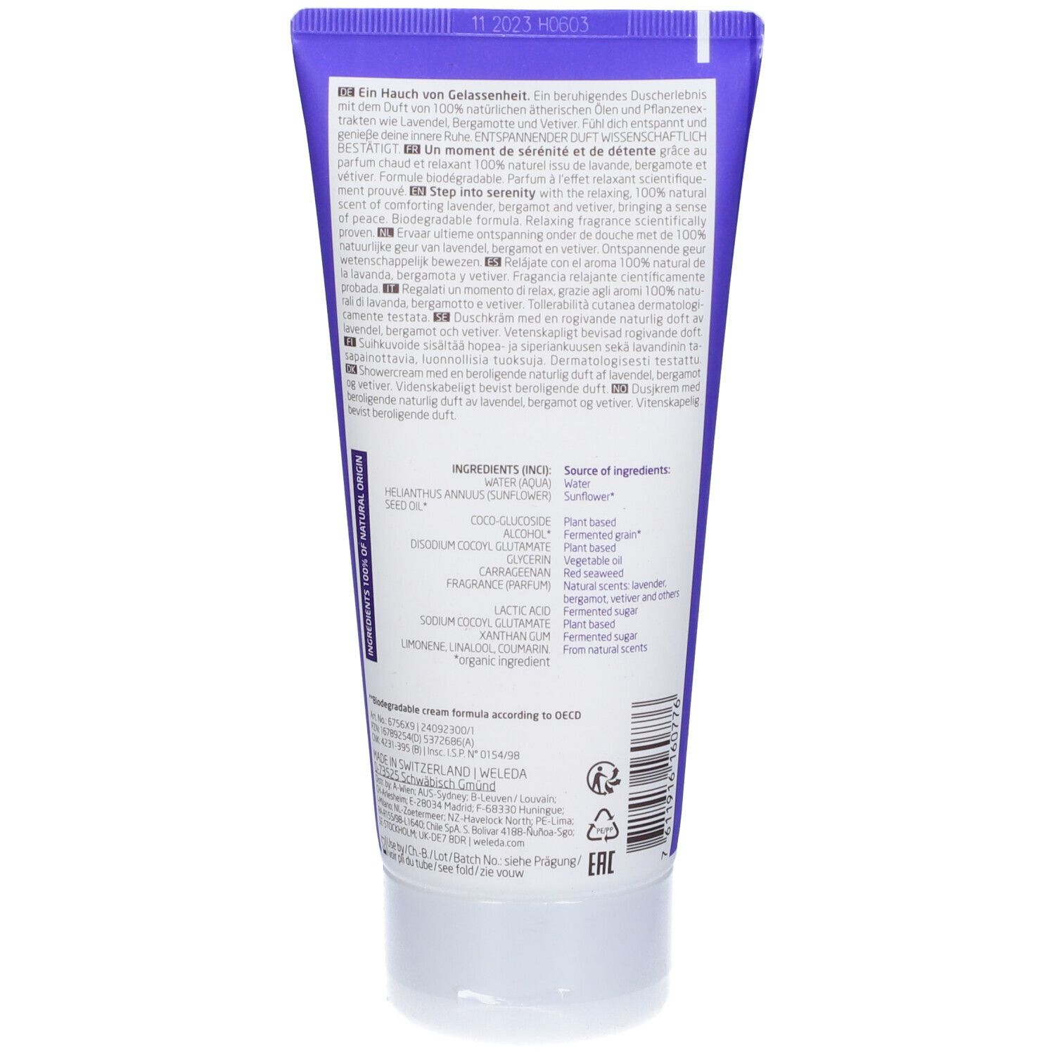 Retro del tubo Weleda Aroma Shower Relax. Testo con ingredienti e informazioni del produttore. Tappo a vite bianco.