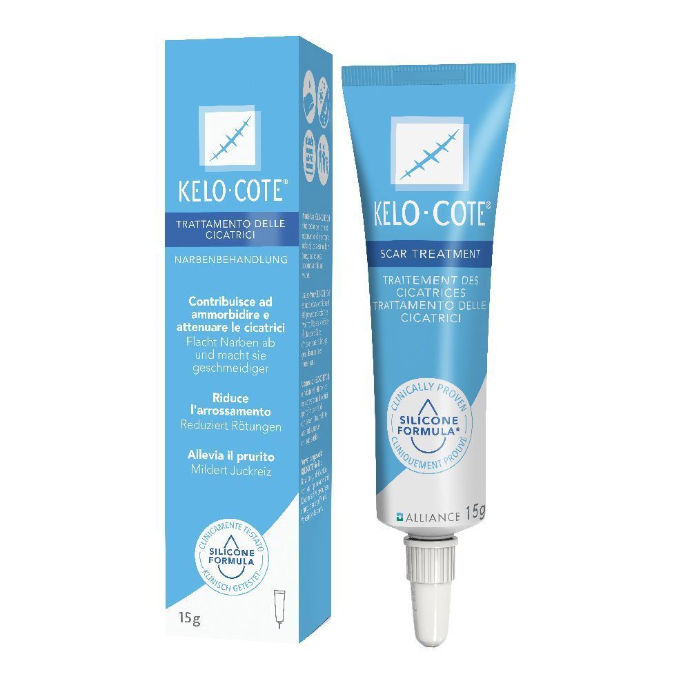 Tubo e confezione di gel Kelo-Cote. Tubo blu con tappo a vite bianco. Confezione con nome del prodotto e informazioni.
