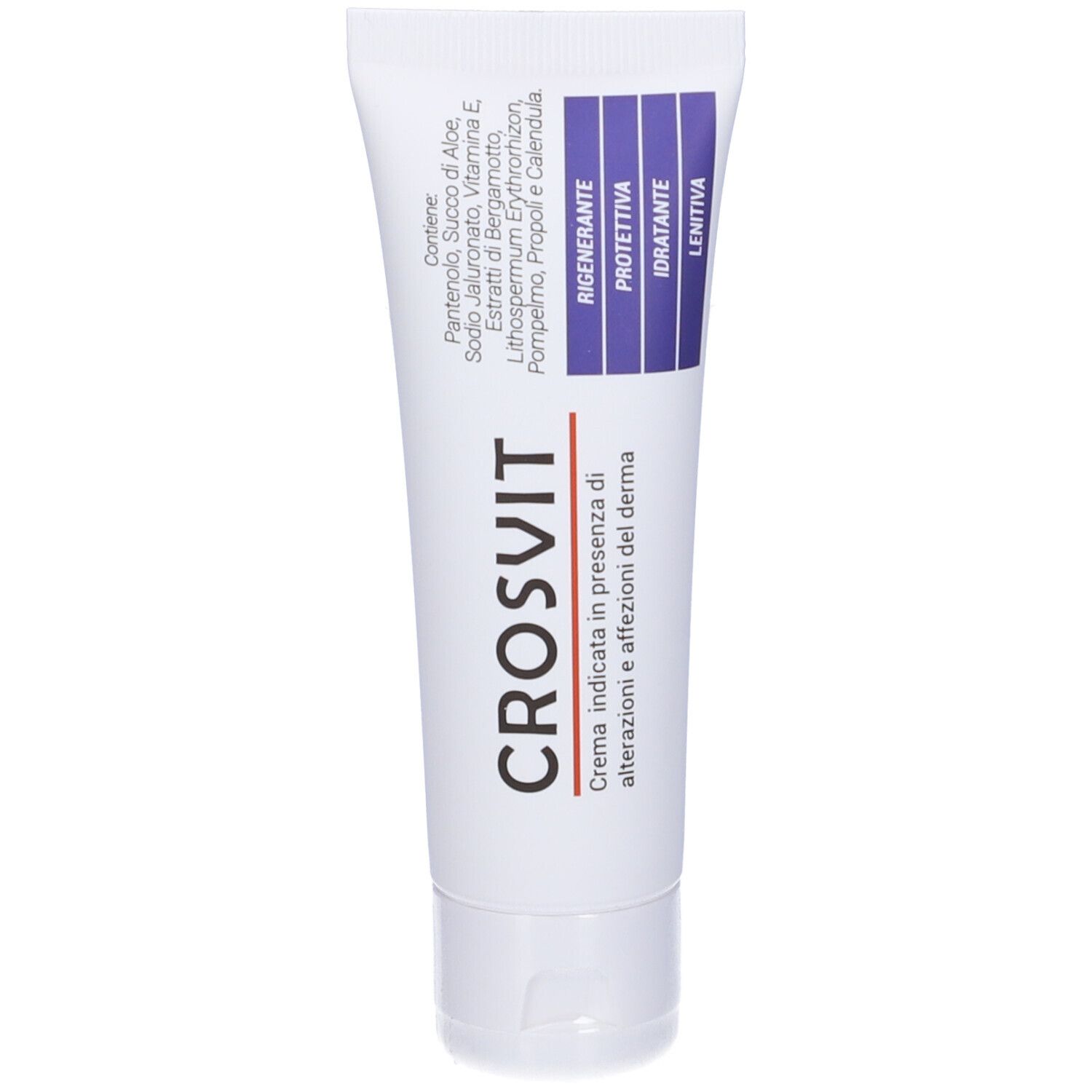 Tubo bianco con dettagli viola. Scritta: CROSVIT. Contiene pantenolo, succo di aloe, vitamina E. Crema per la pelle.