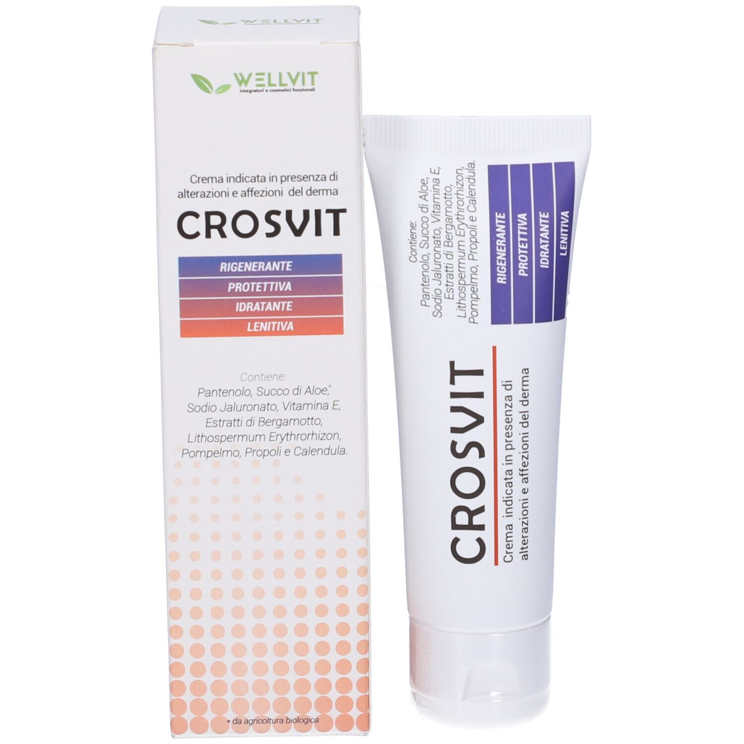 Tubo e confezione CROSVIT. Confezione con nome del prodotto e ingredienti. Tubo con dettagli viola.