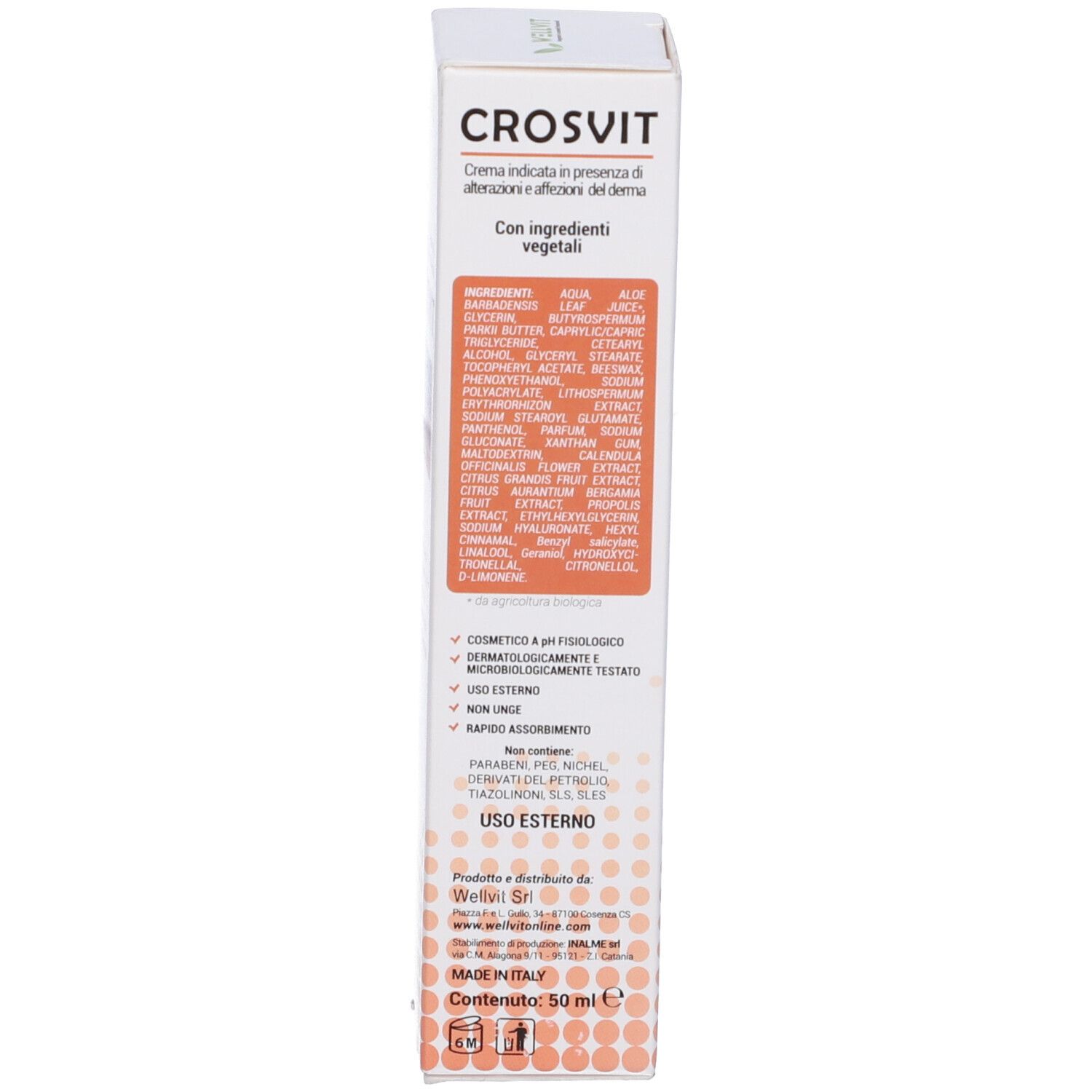 Confezione di CROSVIT. Contiene ingredienti e informazioni. Testo in italiano. 50 ml.