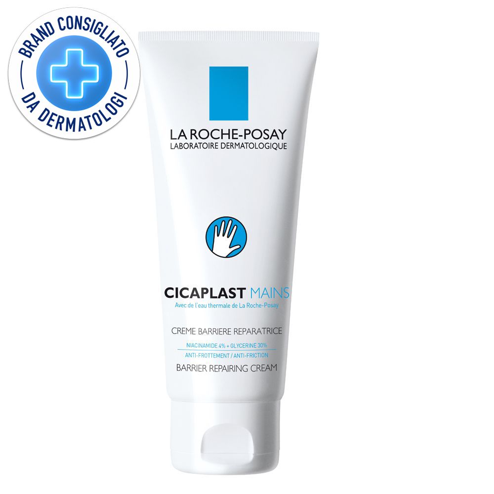 Tubo bianco con marchio blu. Scritta: La Roche-Posay, Cicaplast Mains, Crema Barriera Riparatrice. Logo: mano.