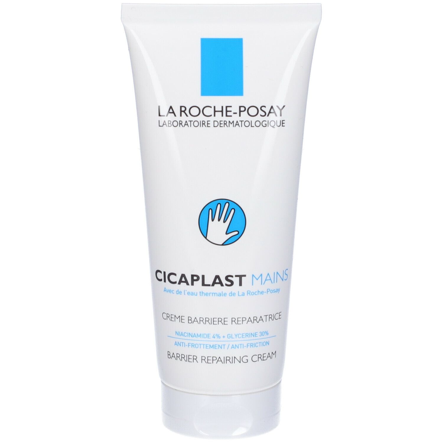 Tubo bianco con marchio blu. Scritta: La Roche-Posay, Cicaplast Mains, Crema Barriera Riparatrice. Logo: mano.
