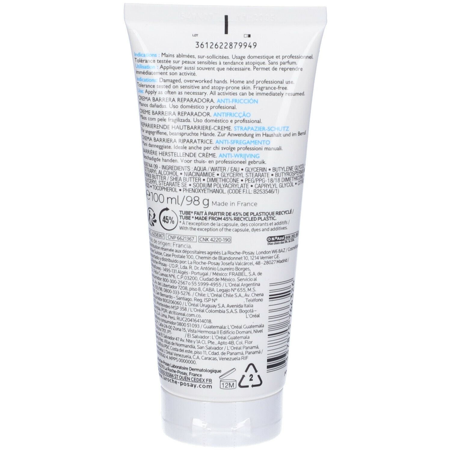 Retro di un tubo bianco. Testo e loghi. Scritta: La Roche-Posay, Cicaplast Mains. Indicazione di riciclaggio.