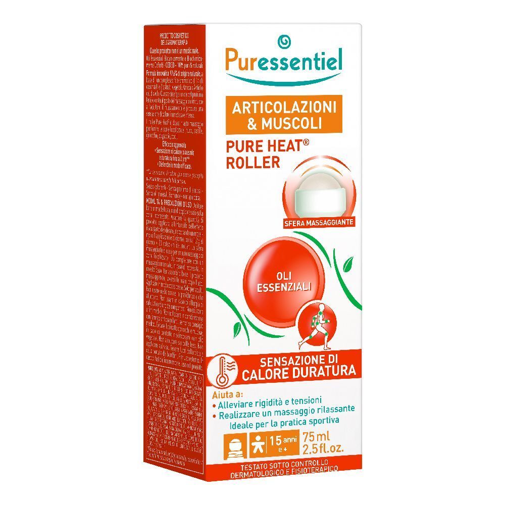 Confezione di Puressentiel Articolazioni & Muscoli Pure Heat® Roller. Contiene testo e immagine del prodotto.