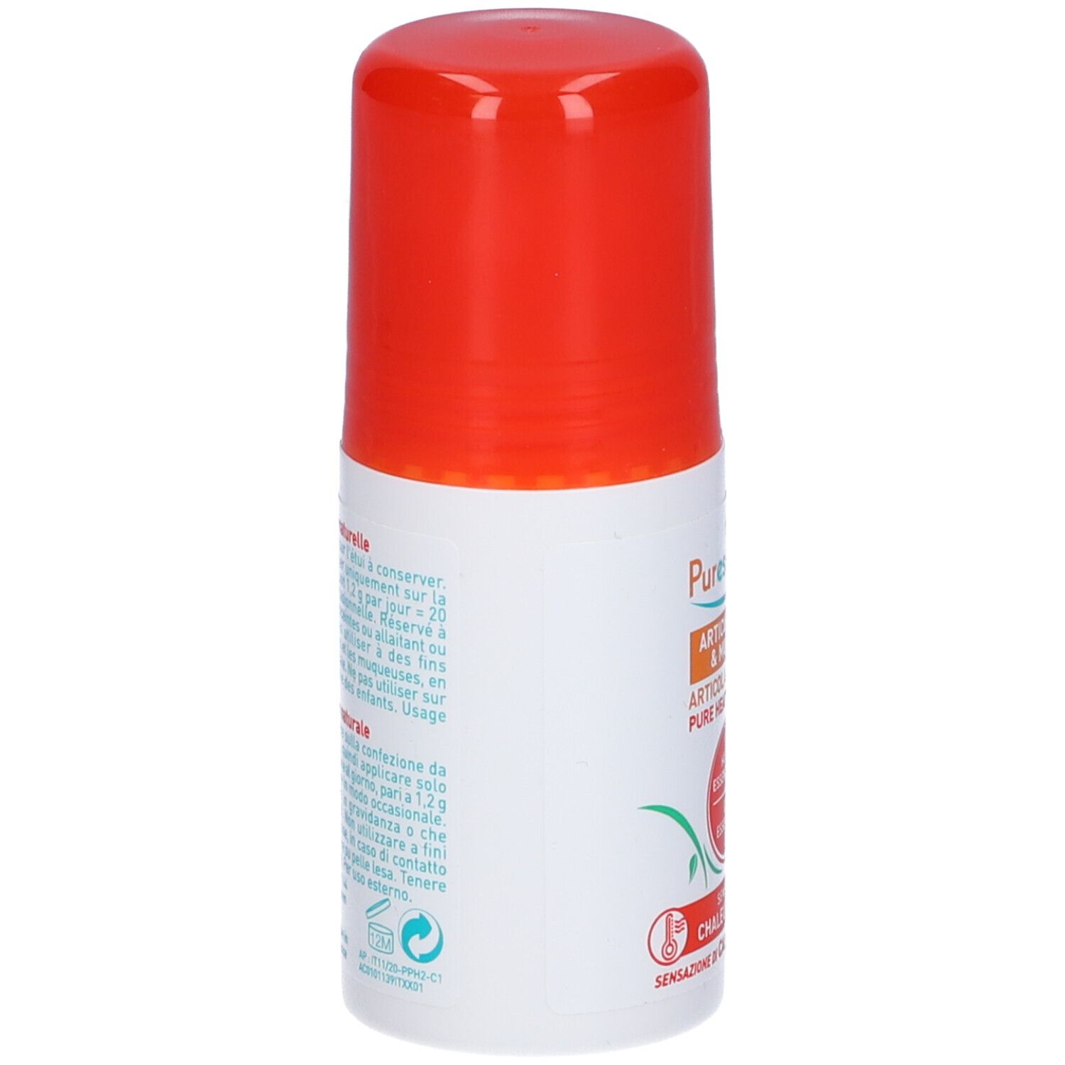 Puressentiel Articolazioni & Muscoli Pure Heat® Roller, retro. Contiene testo.