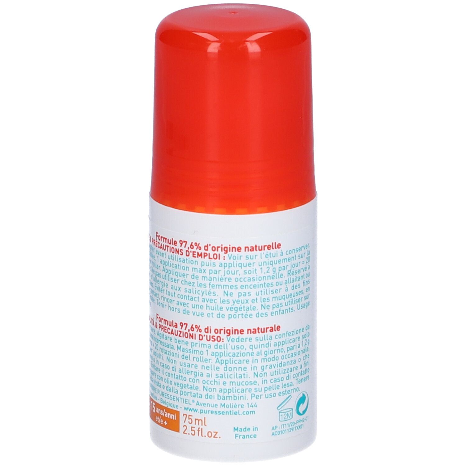 Puressentiel Articolazioni & Muscoli Pure Heat® Roller, retro. Contiene testo.