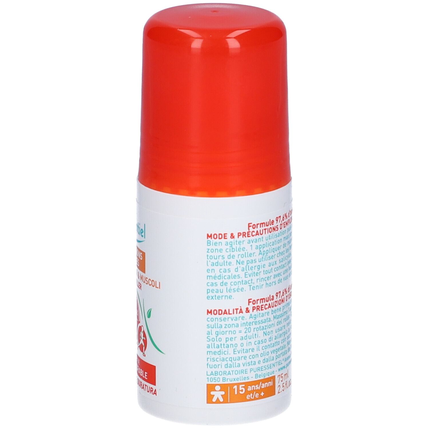 Puressentiel Articolazioni & Muscoli Pure Heat® Roller, retro. Contiene testo.