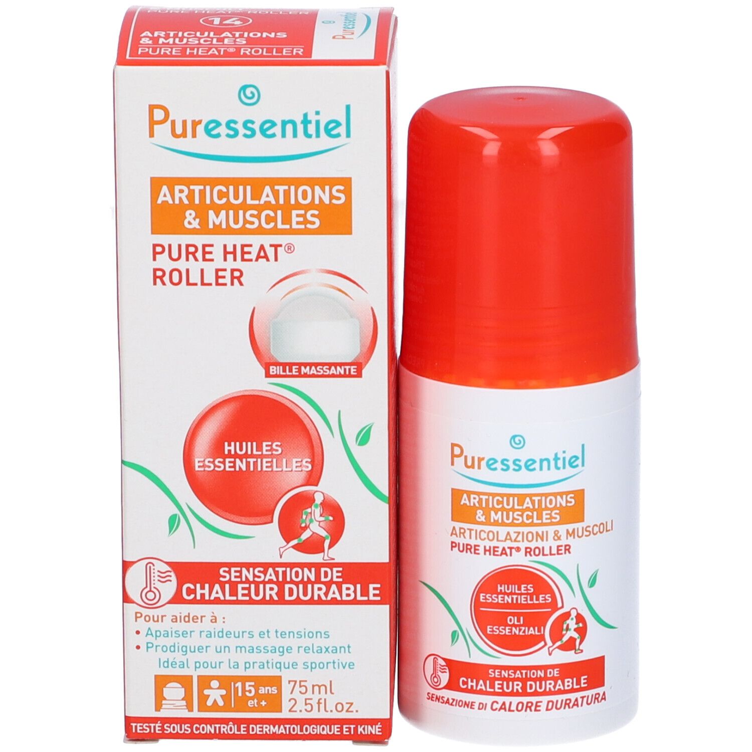 Puressentiel Articolazioni & Muscoli Pure Heat® Roller e confezione. Prodotto e confezione.