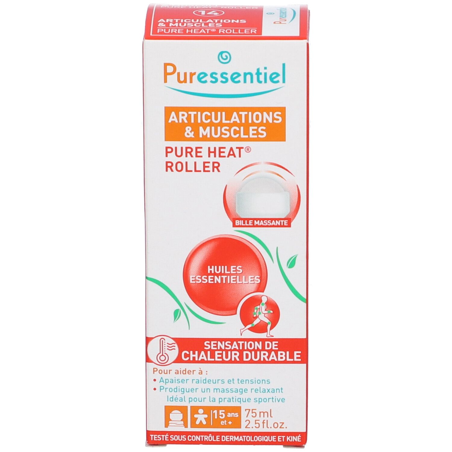 Confezione di Puressentiel Articolazioni & Muscoli Pure Heat® Roller. Contiene testo e immagine del prodotto.