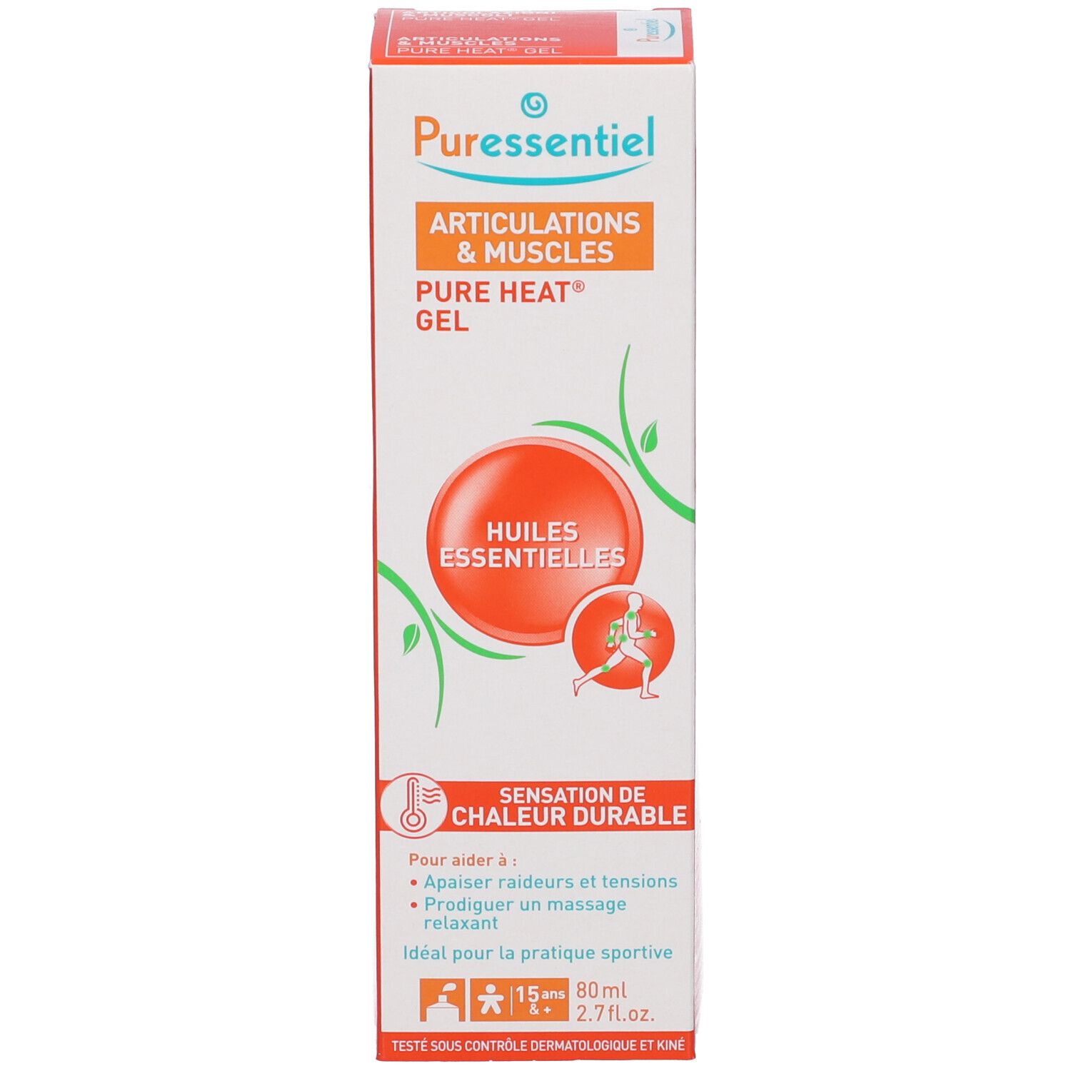 Vorderseite der Puressentiel Gelenke & Muskeln Pure Heat Gel Verpackung mit ätherischen Ölen.