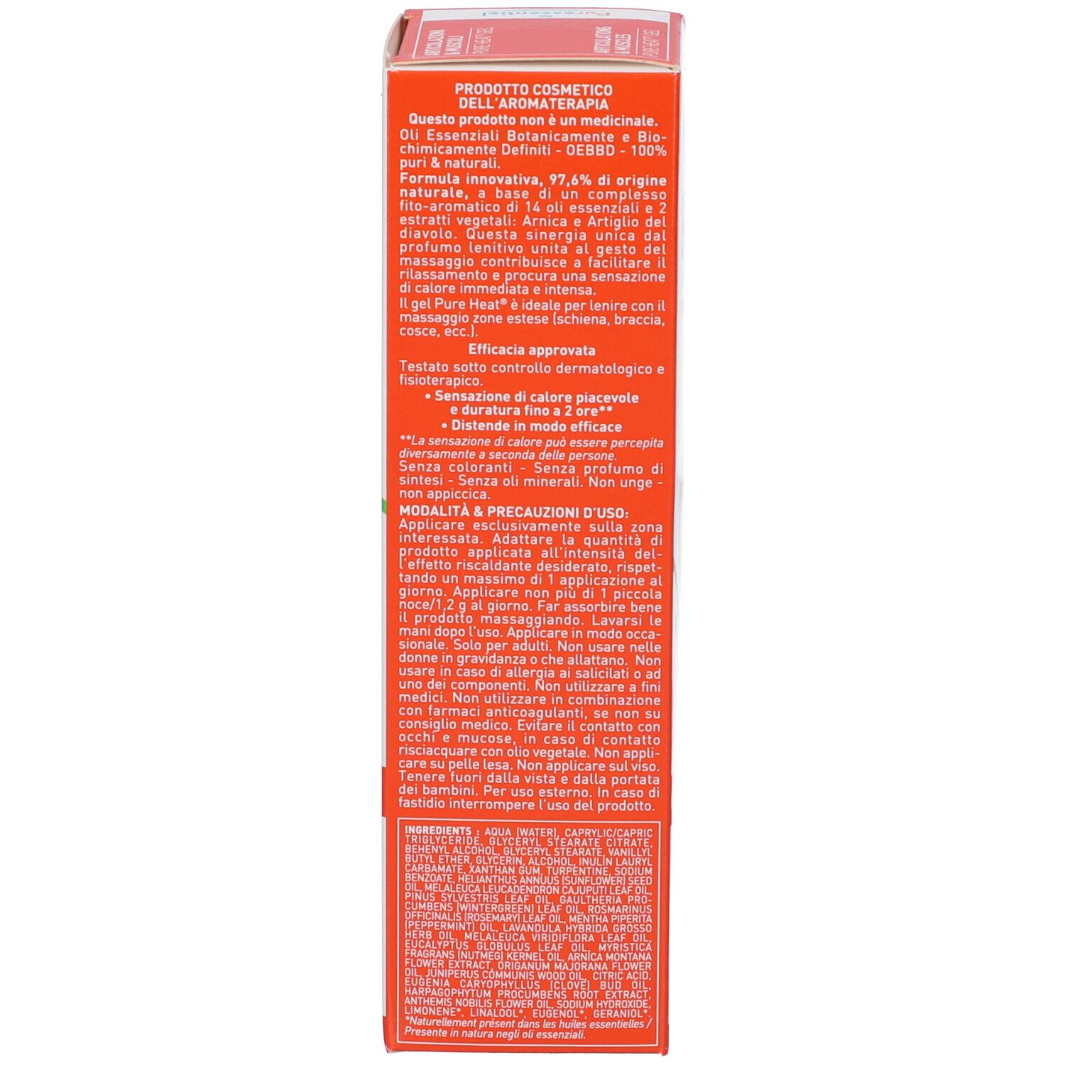 Seite der Puressentiel Gelenke & Muskeln Pure Heat Gel Verpackung mit Produktinformationen.