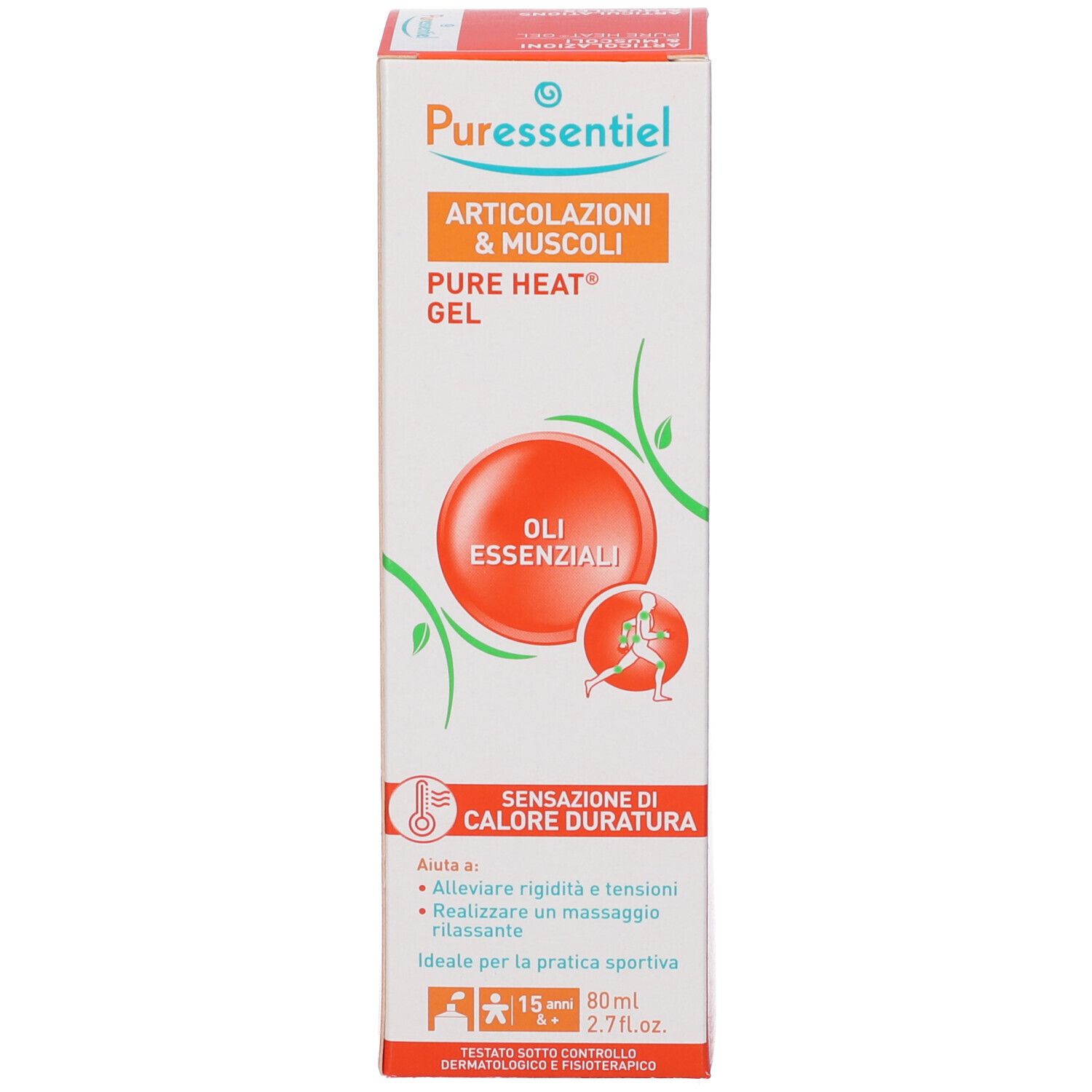 Seite der Puressentiel Articolazioni & Muscoli Pure Heat Gel Verpackung mit Produktinformationen.