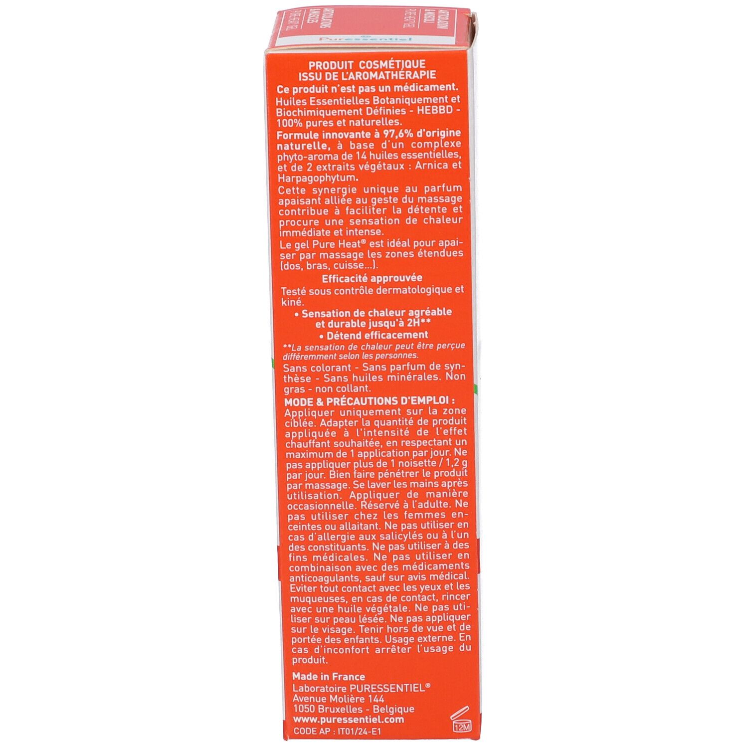 Seite der Puressentiel Articulations & Muscles Pure Heat Gel Verpackung mit Produktinformationen.