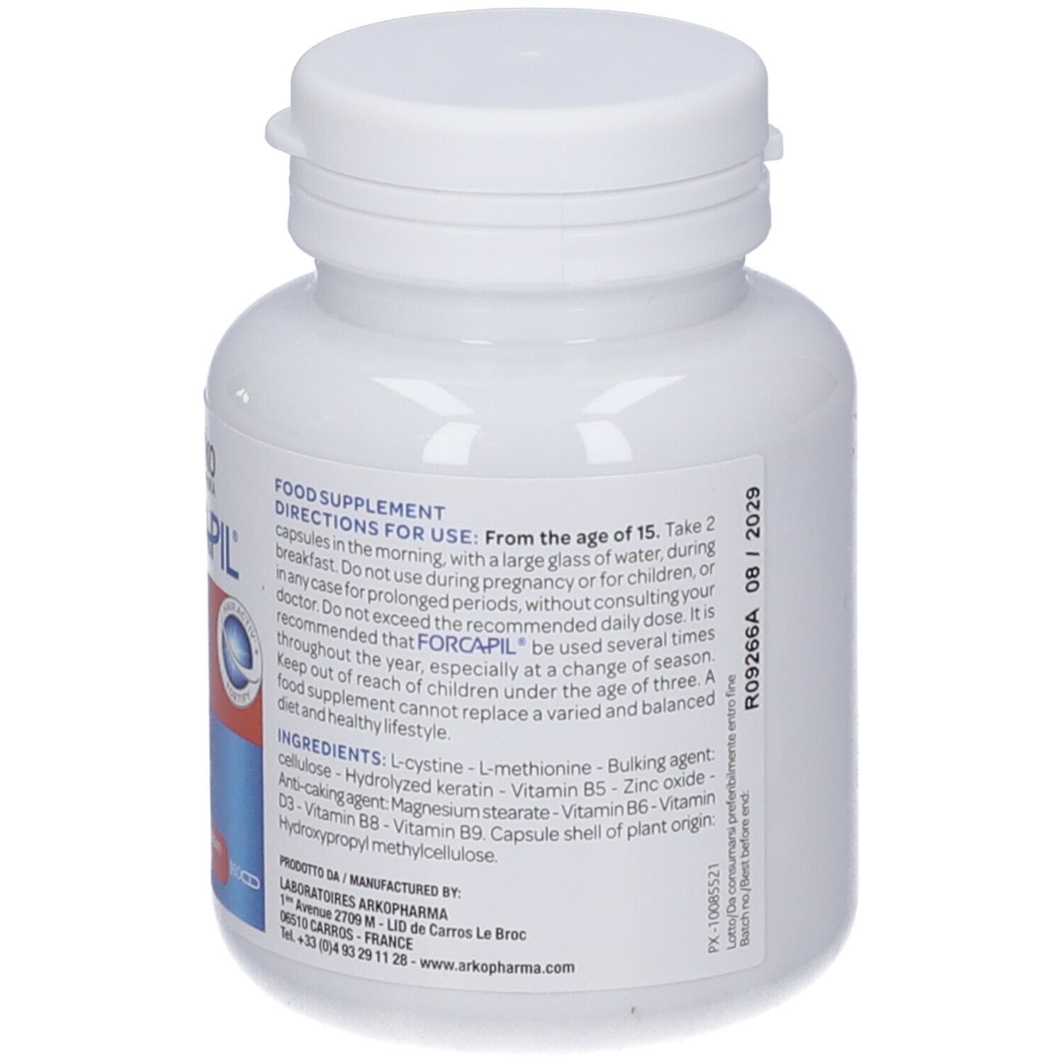 ArkoPharma Forcapil Kapseldose mit Hinweisen zur Anwendung und Inhaltsstoffen.