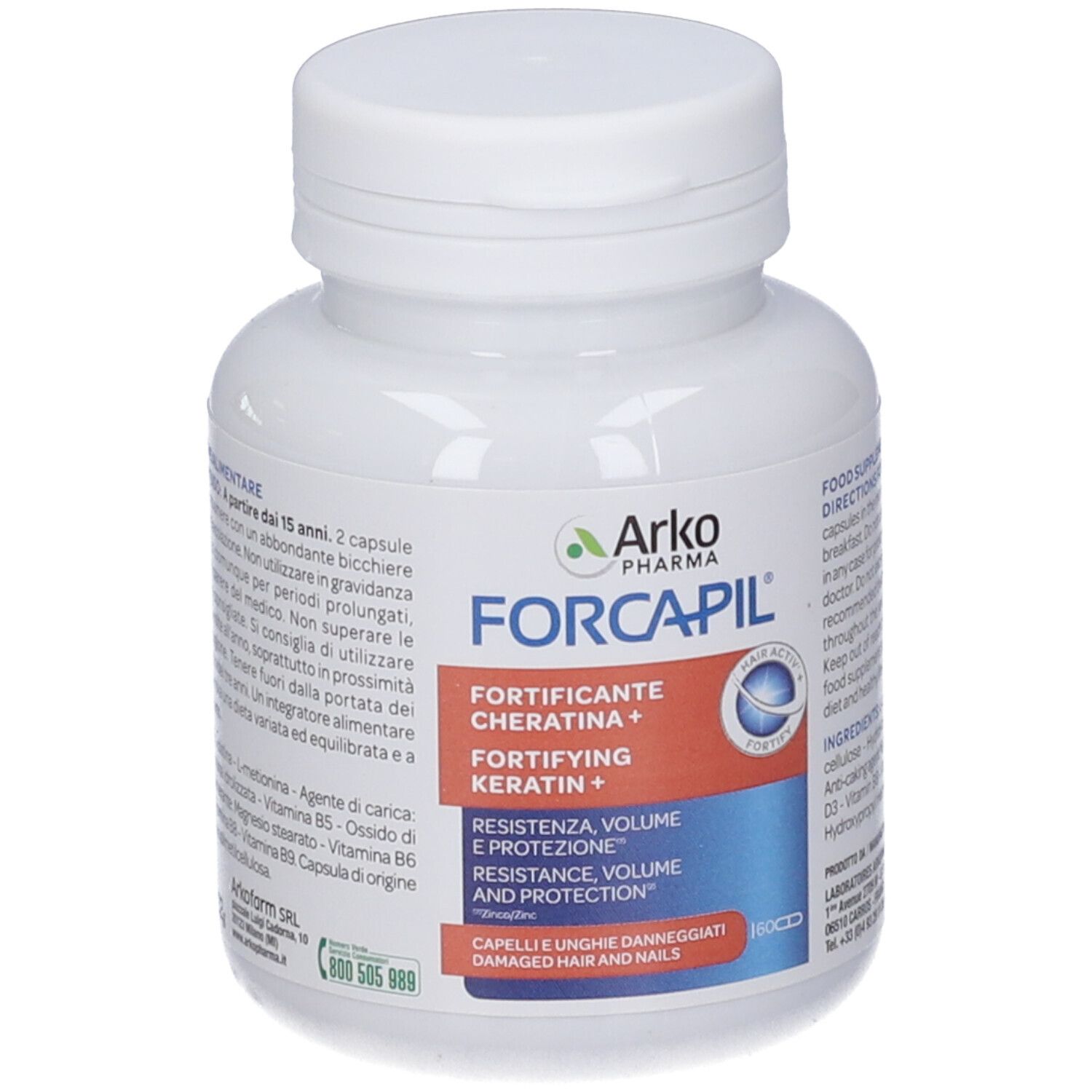ArkoPharma Forcapil Kapseldose mit Etikett für Haare, Nägel, Widerstandsfähigkeit, Volumen.