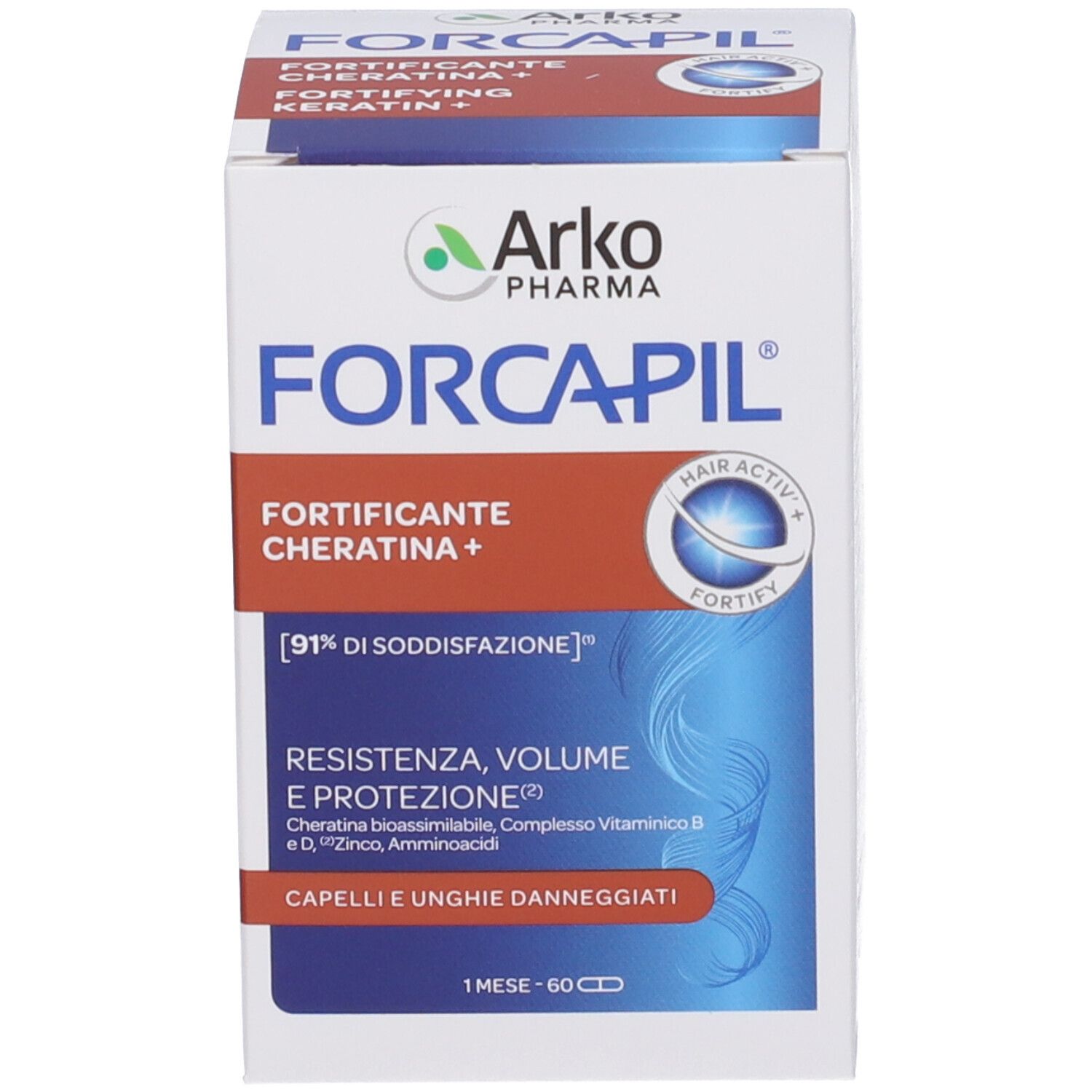 ArkoPharma Forcapil Kartonverpackung, 60 Kapseln für geschädigtes Haar und Nägel.