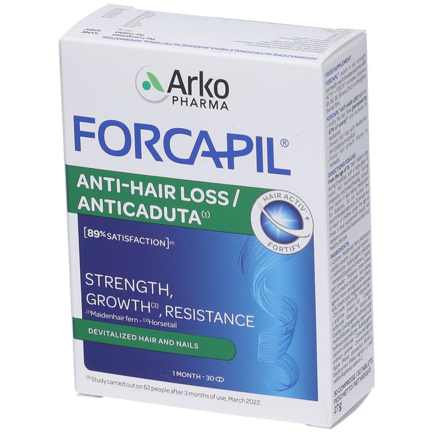 Produktverpackung FORCAPIL ANTI-HAIR LOSS / ANTICADUTA. Marke Arkopharma. Blaue und weiße Farbgebung. Text in italienischer Sprache.