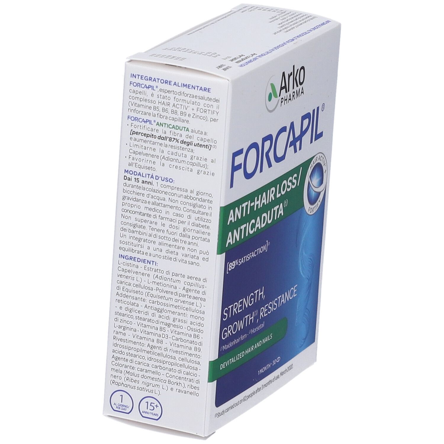 Produktverpackung FORCAPIL ANTI-HAIR LOSS / ANTICADUTA. Marke Arkopharma. Text und Inhaltsstoffe auf der Verpackung.