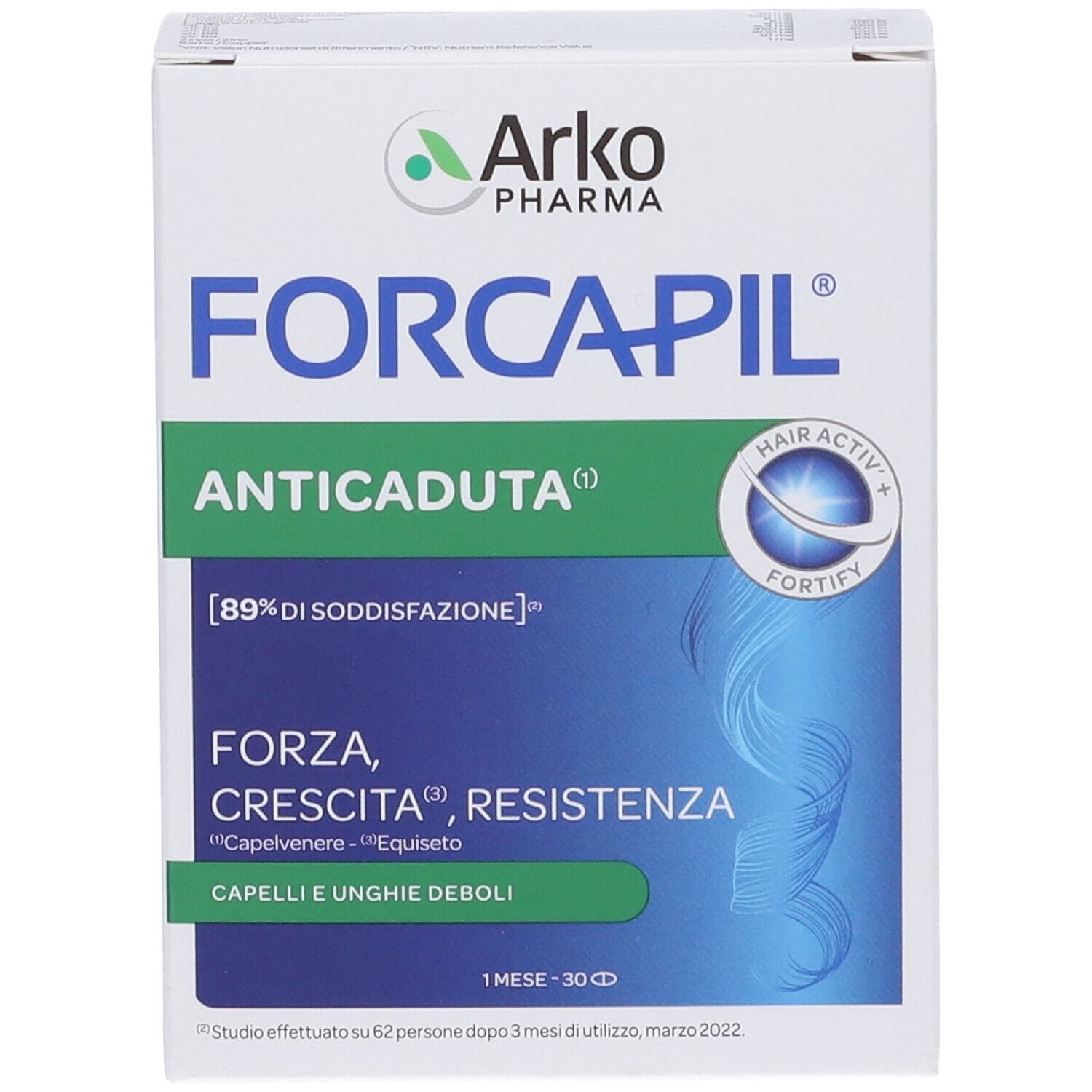 Schachtel mit Produktnamen FORCAPIL ANTICADUTA. Marke Arkopharma. Blaue und grüne Farbgebung. Text in italienischer Sprache.
