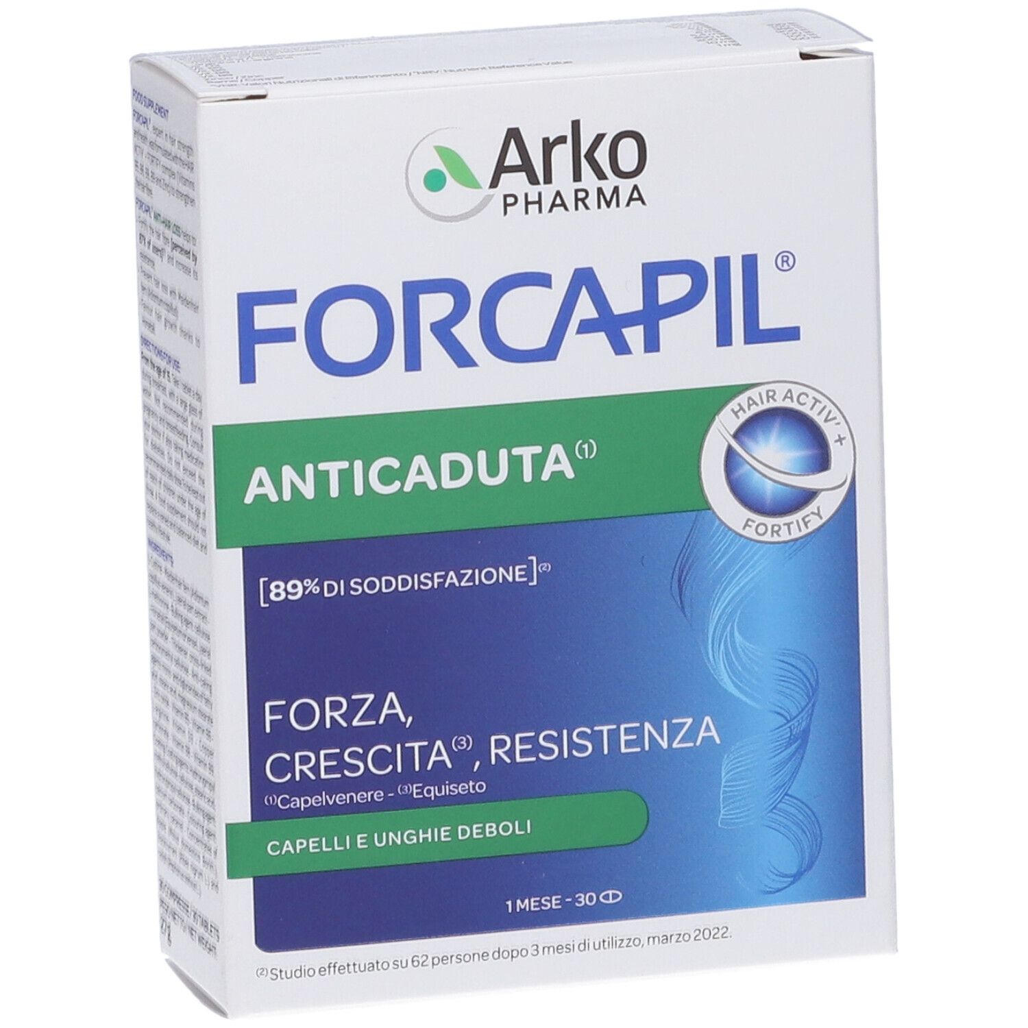 Schachtel mit Produktnamen FORCAPIL ANTICADUTA. Marke Arkopharma. Blaue und grüne Farbgebung. Text in italienischer Sprache.