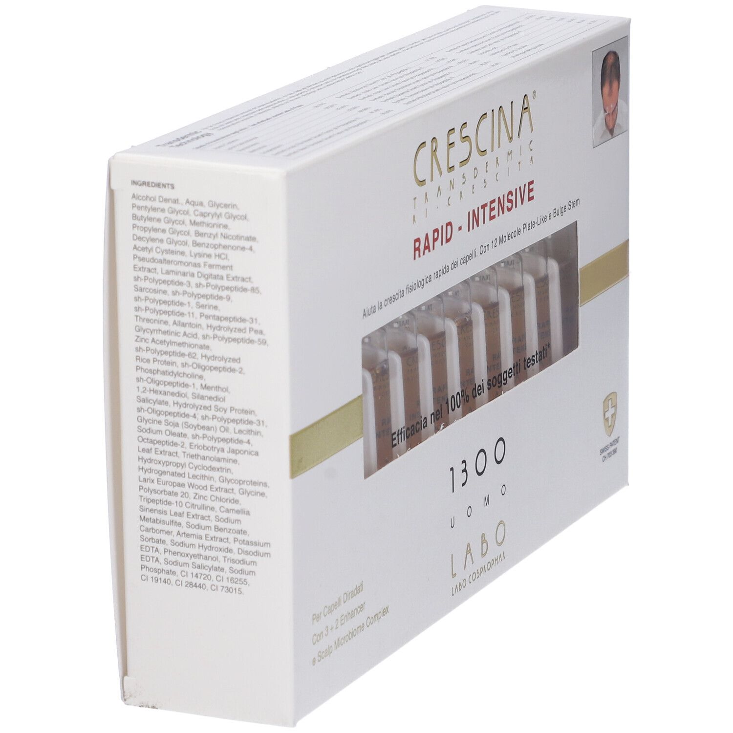 Scatola bianca con nome del prodotto e fiale visibili. Testo in italiano.