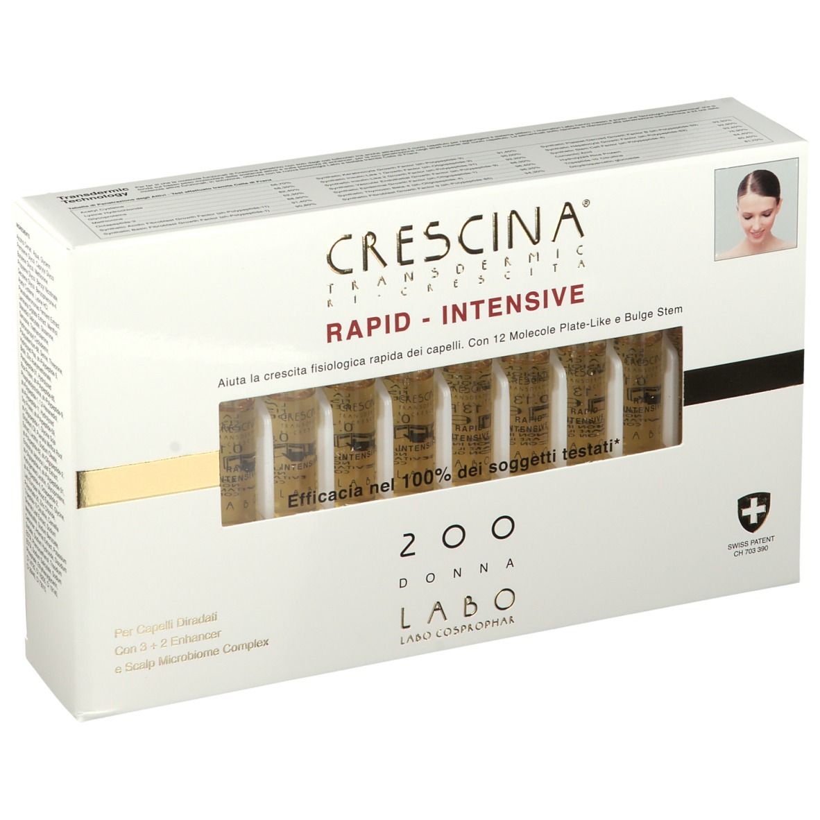 Boîte de CRESCINA® 200 Women's Labo. Ampoules visibles. Nom de marque, produit, croix suisse.