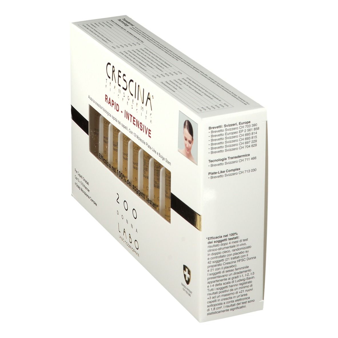 Vue en biais de la boîte CRESCINA® 200 Women's Labo. Ampoules. Croix suisse et texte.