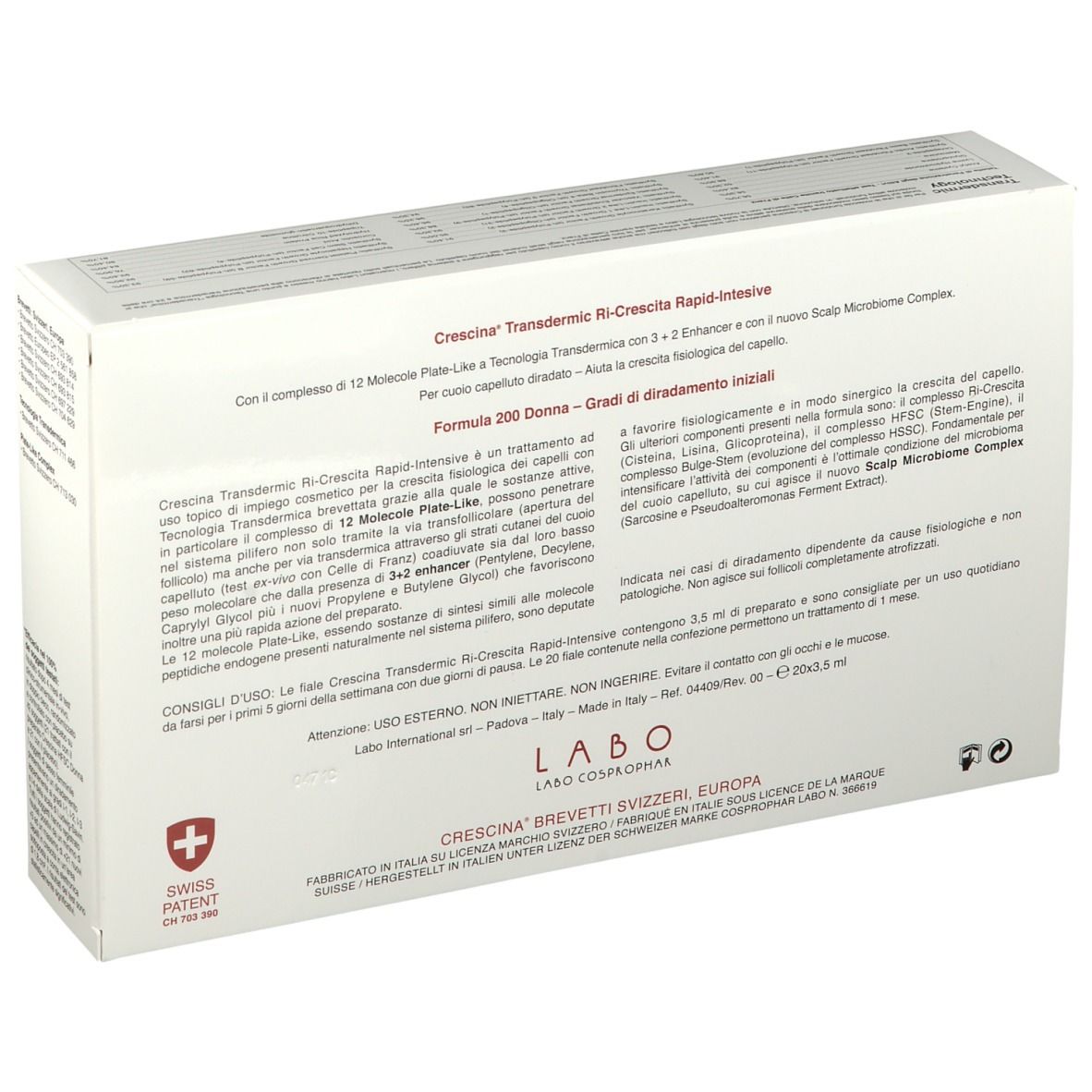 Dos de la boîte CRESCINA® 200 Women's Labo. Texte et croix suisse.