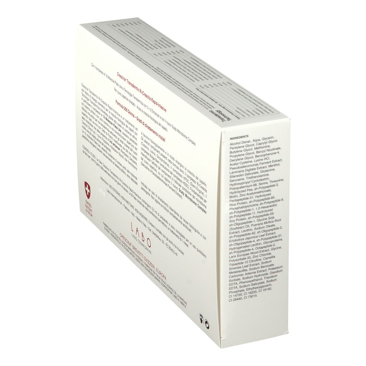 Dos de la boîte CRESCINA® 200 Women's Labo. Texte et croix suisse.