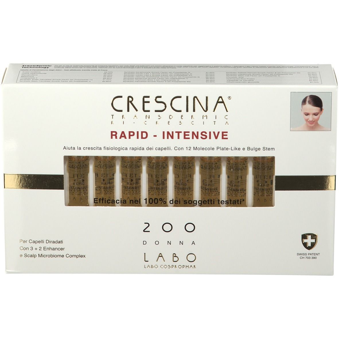 Boîte de CRESCINA® 200 Women's Labo. Ampoules visibles. Nom de marque, produit, croix suisse.