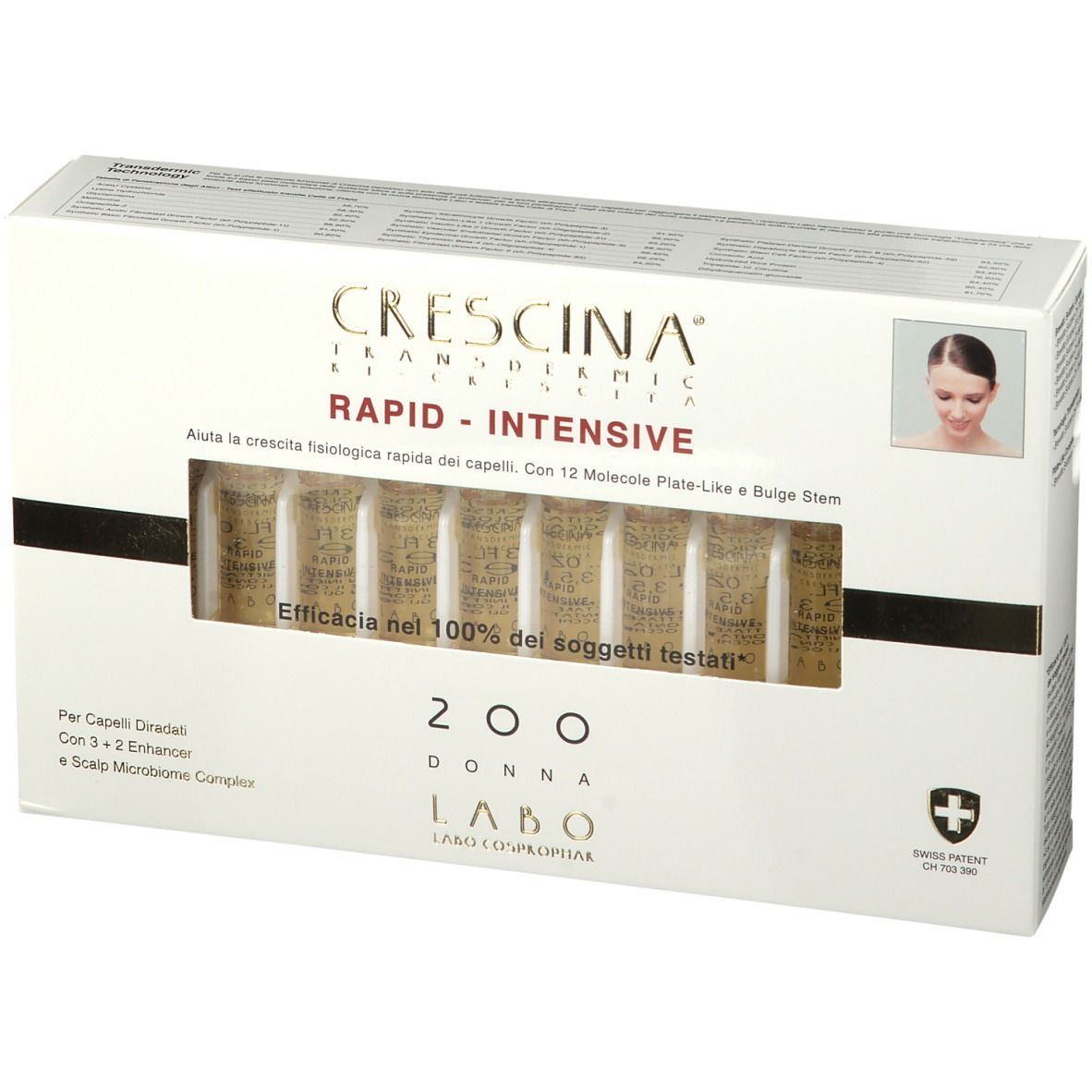 Boîte de CRESCINA® 200 Women's Labo. Ampoules visibles. Nom de marque, produit, croix suisse.