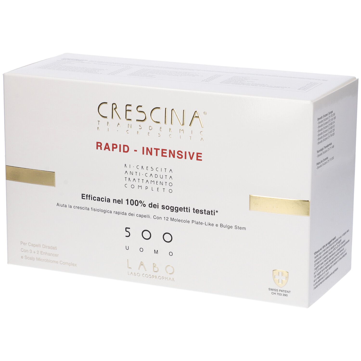 Scatola bianca con nome e logo del prodotto. Testo rosso e oro. Logo del brevetto svizzero.