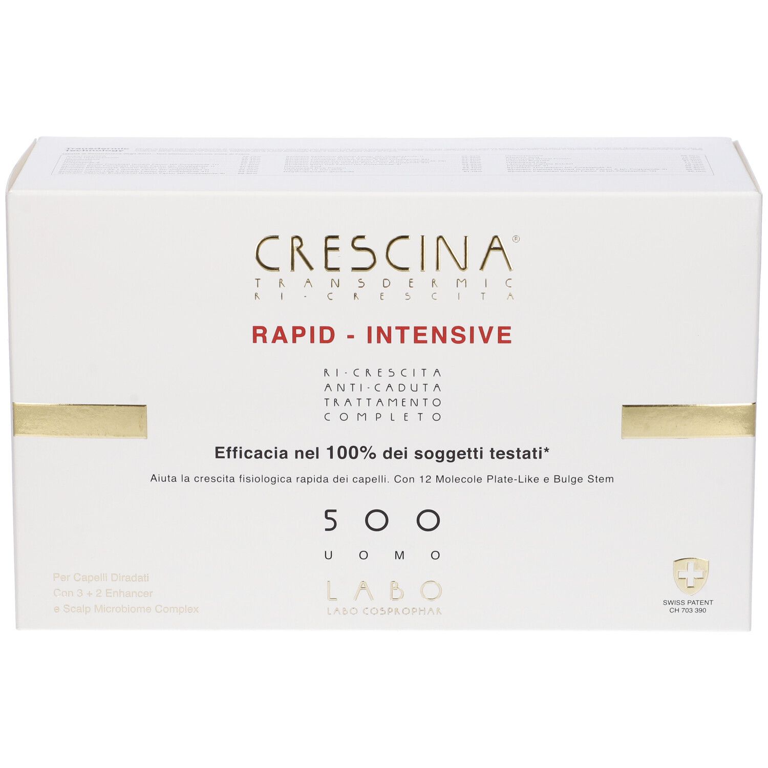 Scatola bianca con nome e logo del prodotto. Testo rosso e oro. Logo del brevetto svizzero.