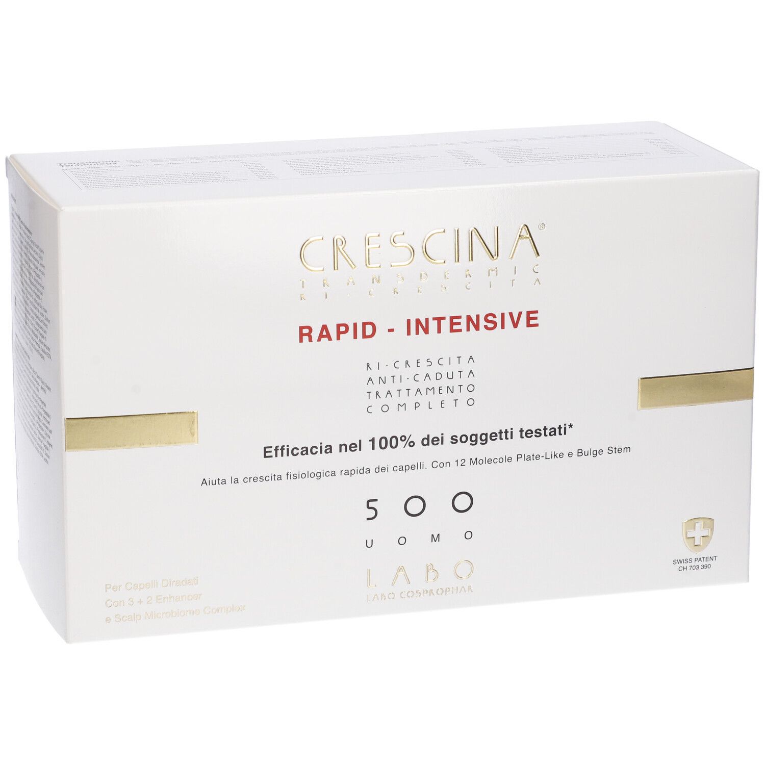 Scatola bianca con nome e logo del prodotto. Testo rosso e oro. Logo del brevetto svizzero.