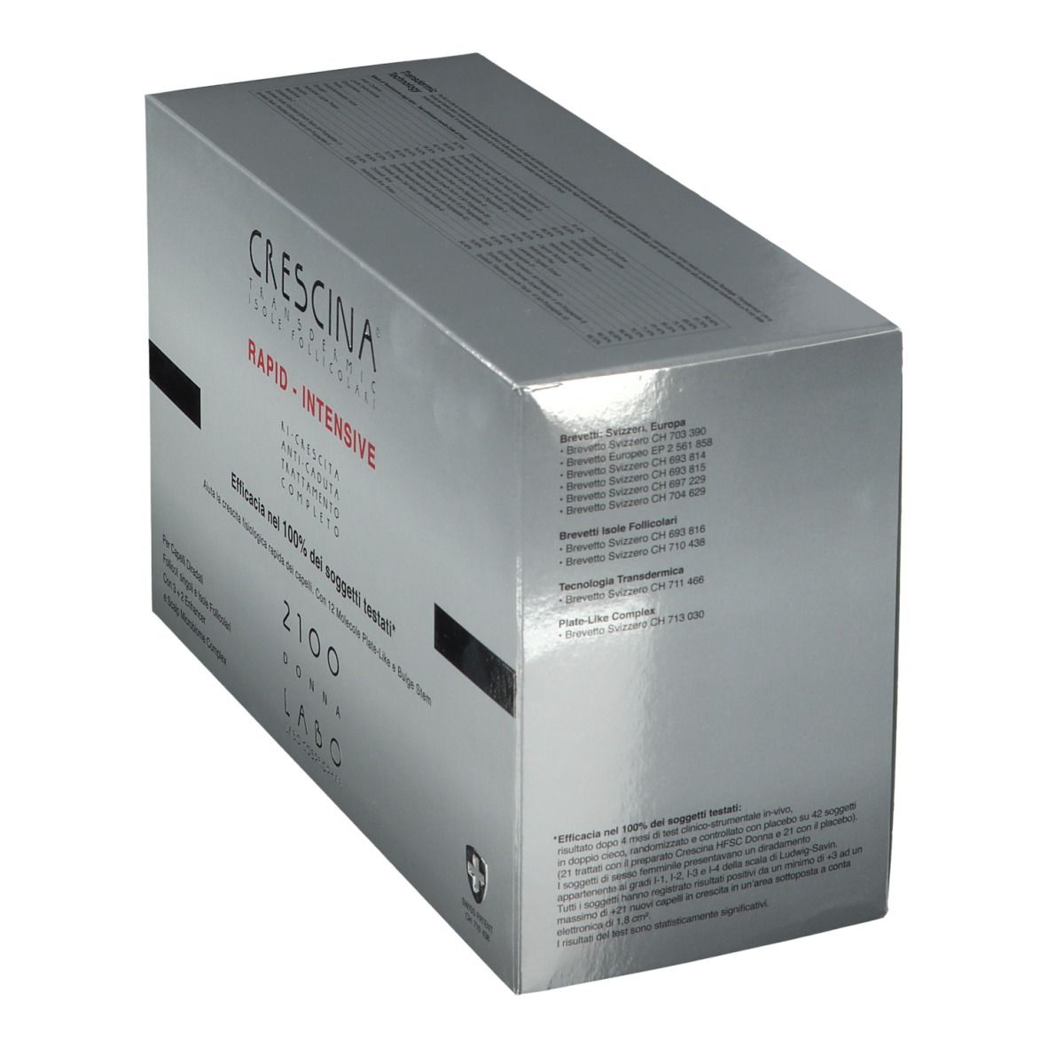 Schräg gestellte, silberne Produktverpackung. Schriftzug: Crescina Rapid-Intensive. Schweizer Kreuz.