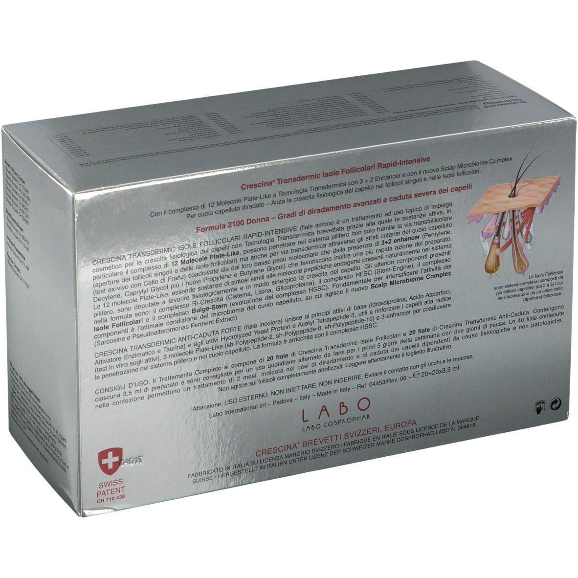 Rückseite der silbernen Produktverpackung. Text und Abbildung eines Haarfollikels. Schweizer Kreuz.