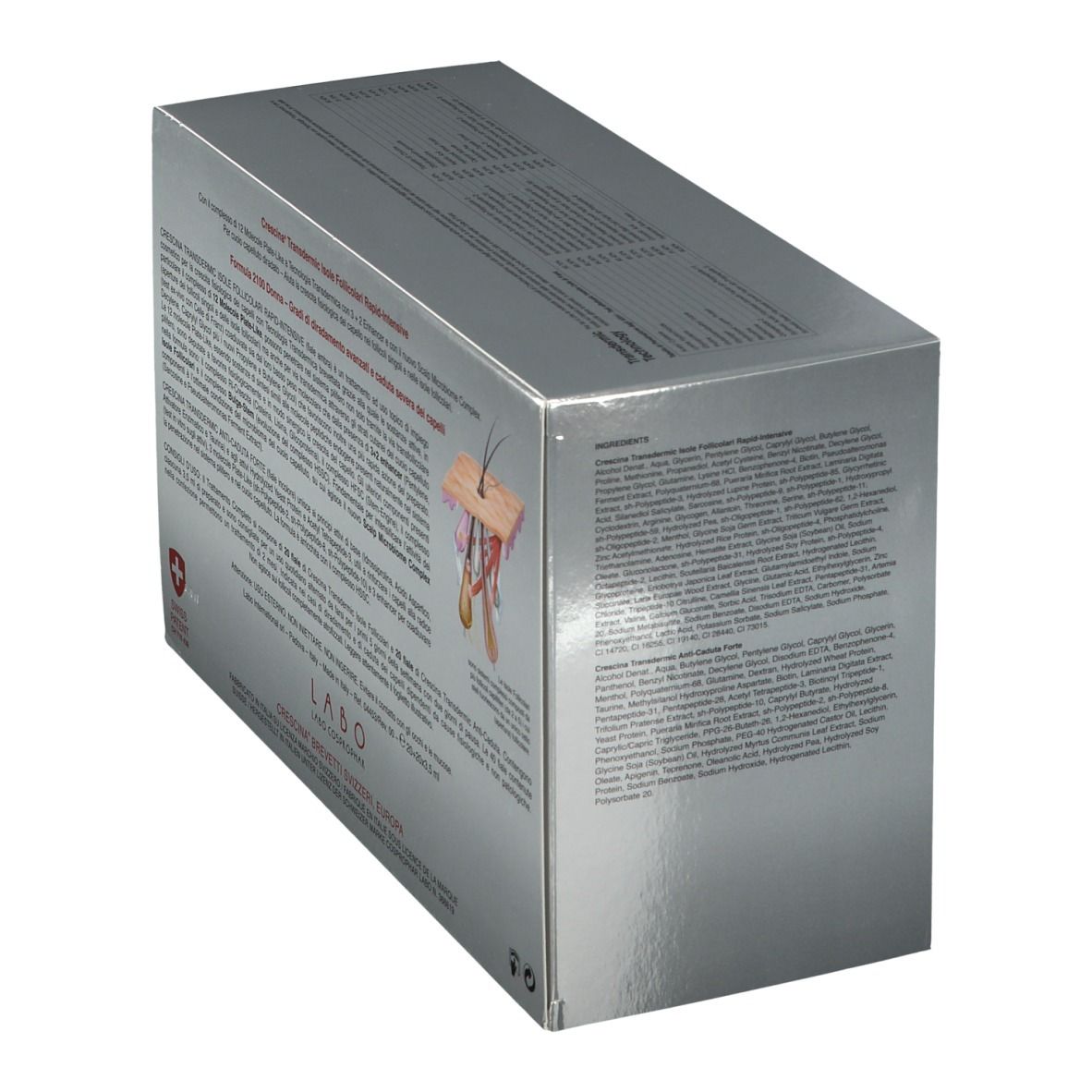 Schräg gestellte Rückseite der silbernen Produktverpackung. Text und Abbildung eines Haarfollikels. Schweizer Kreuz.